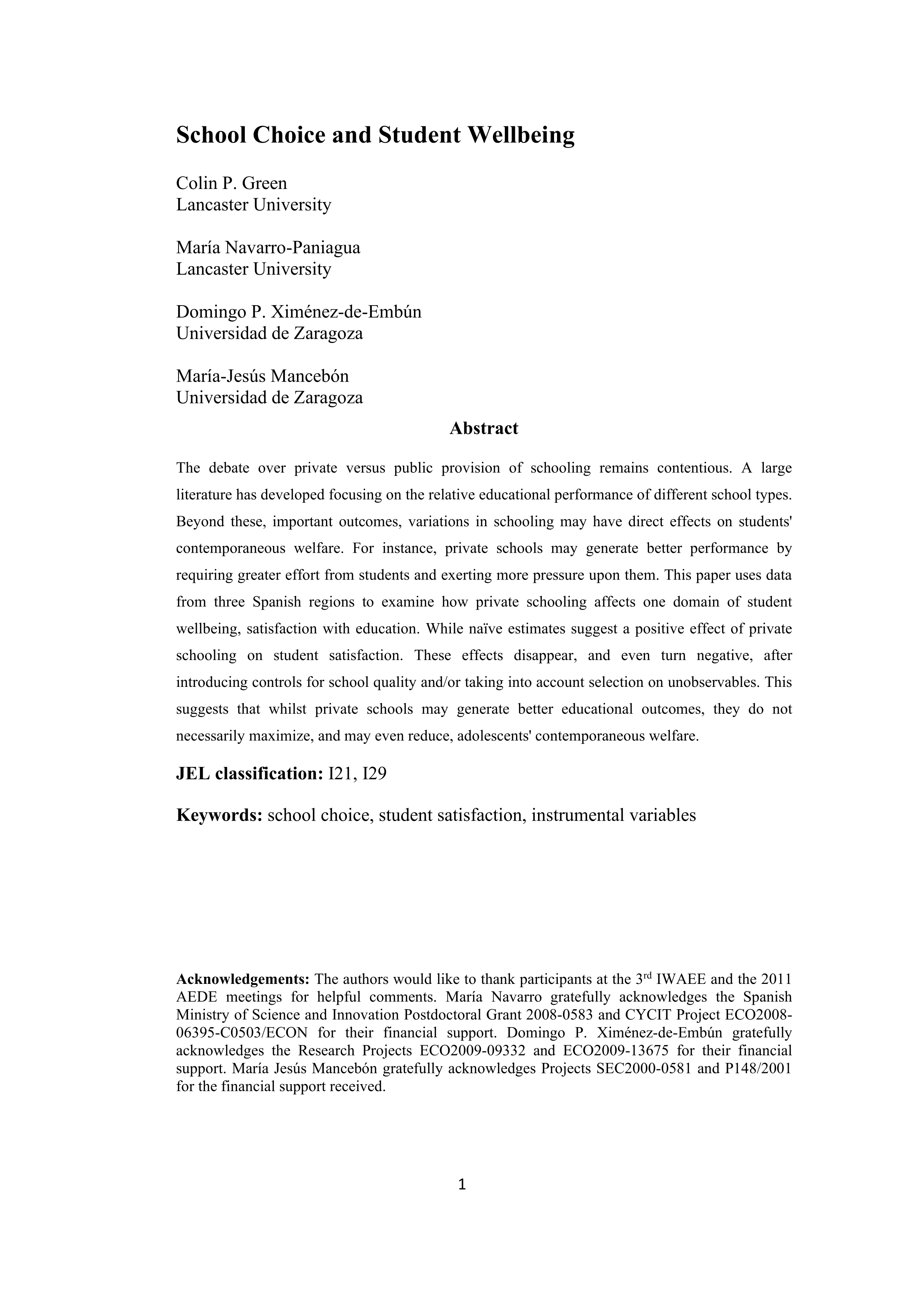 School Choice and Student Wellbeing