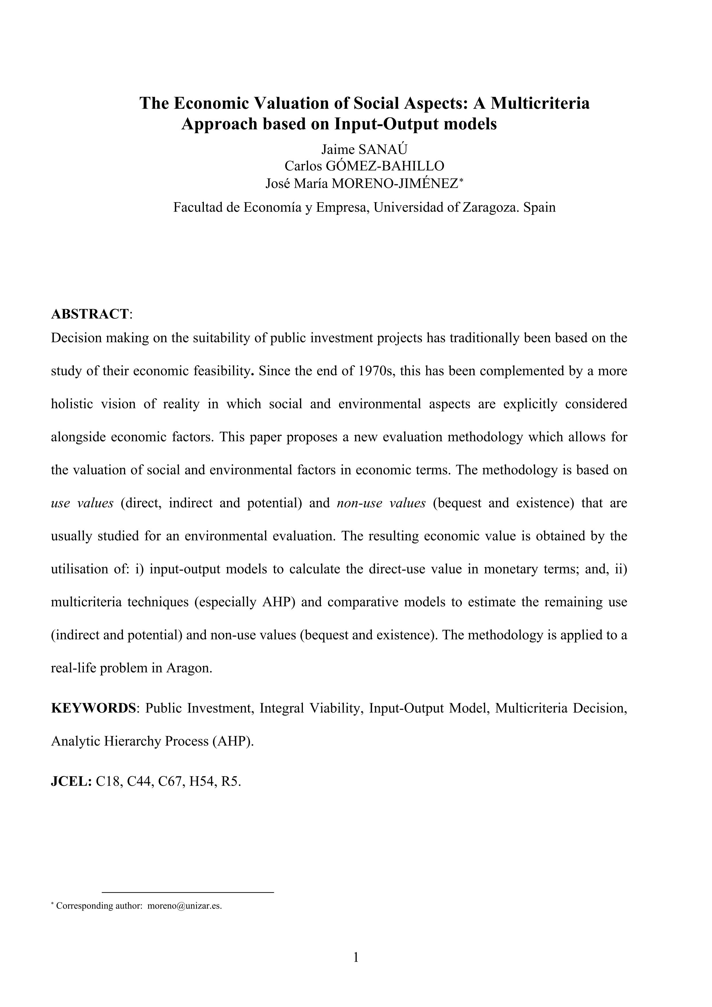 The economic valuation of social aspects: A multicriteria approach based on input–output models1