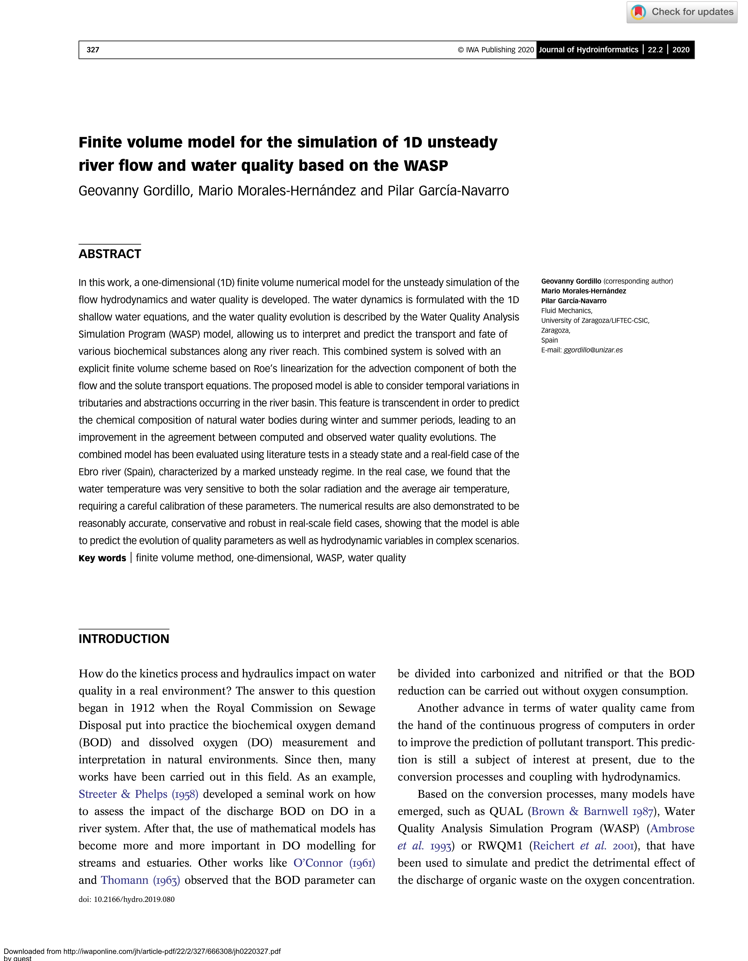 Finite volume model for the simulation of 1D unsteady river flow and water quality based on the WASP