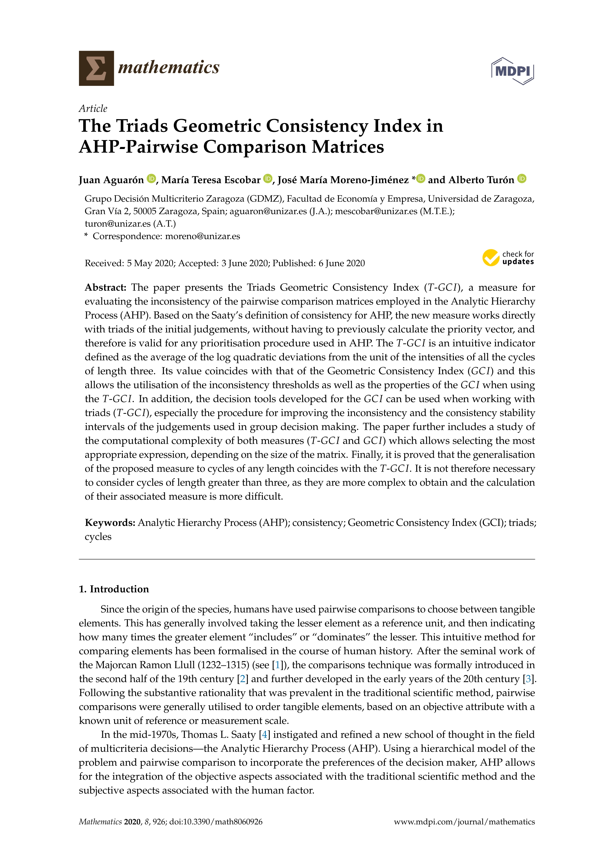 The Triads Geometric Consistency Index in AHP-Pairwise Comparison Matrices