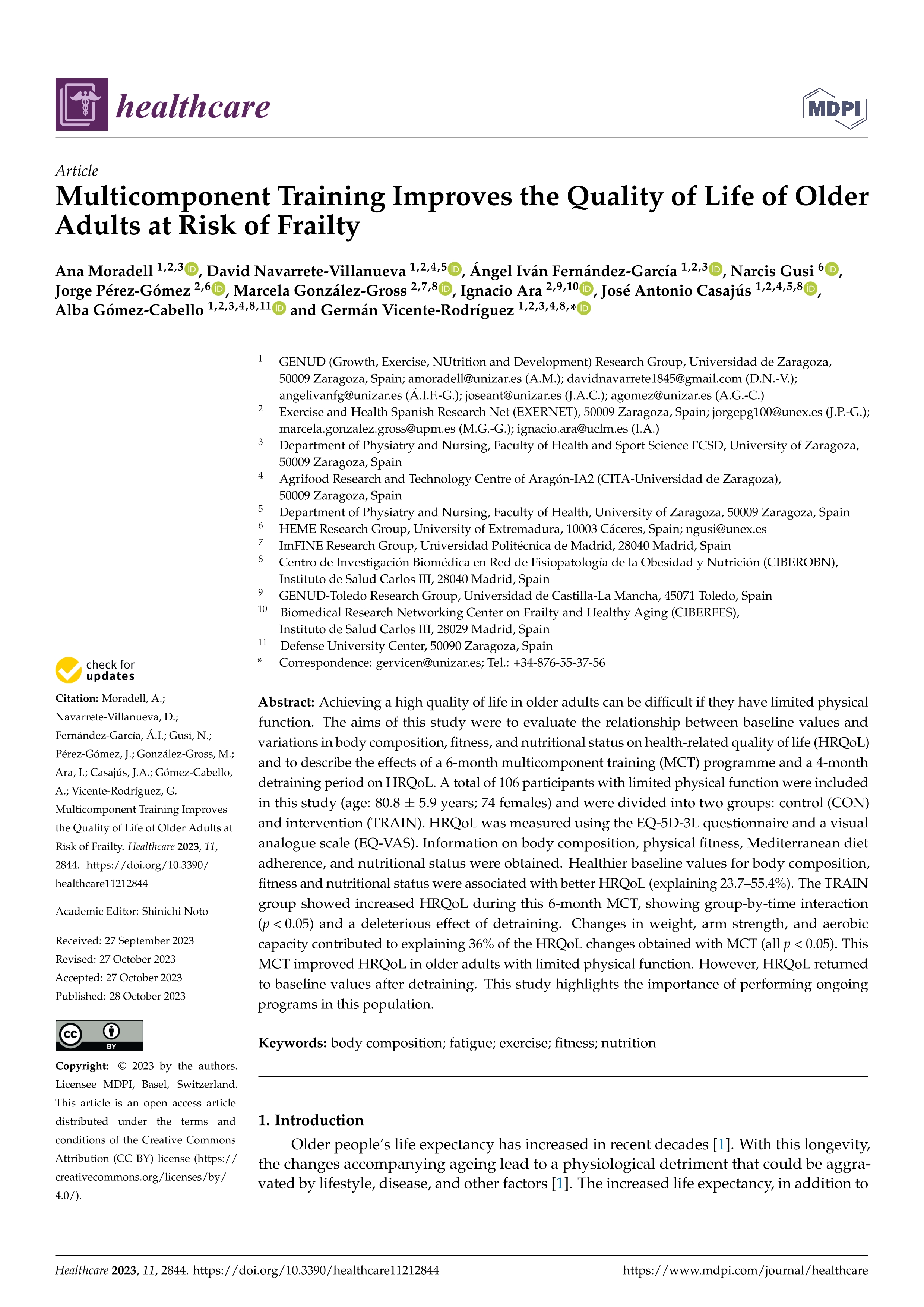 Multicomponent training improves the quality of life of older adults at risk of frailty
