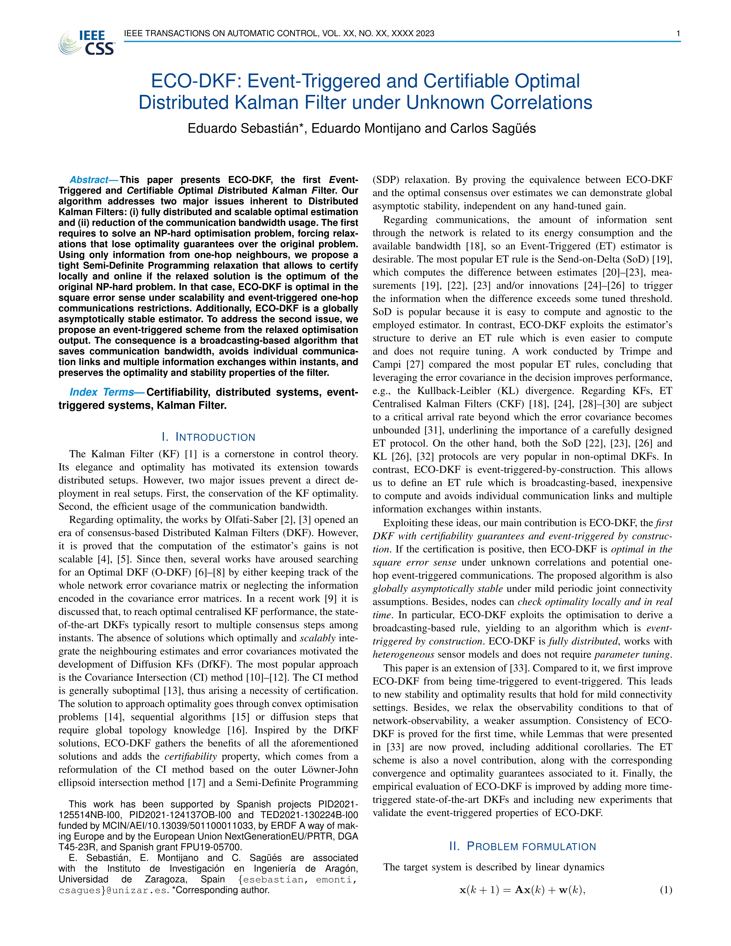 ECO-DKF: Event-Triggered and Certifiable Optimal Distributed Kalman Filter Under Unknown Correlations