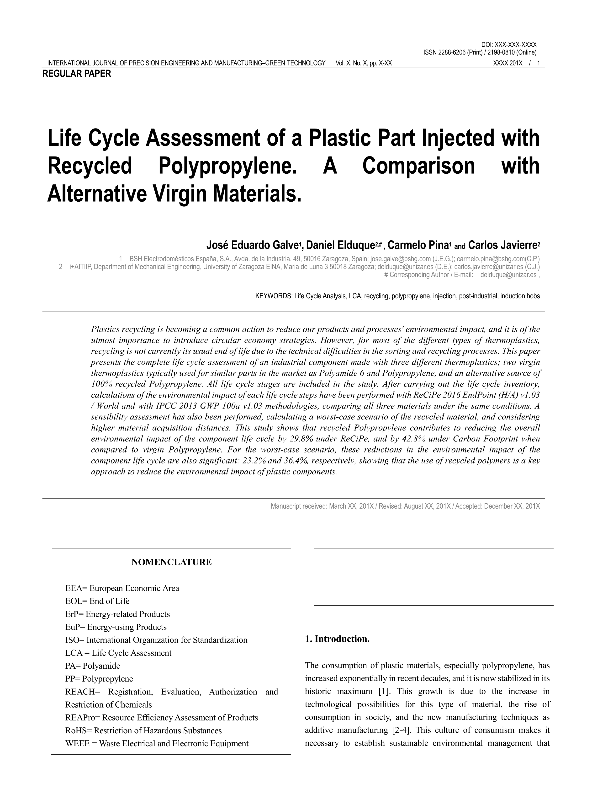 Life cycle assessment of a plastic part injected with recycled Polypropylene: a comparison with alternative virgin materials