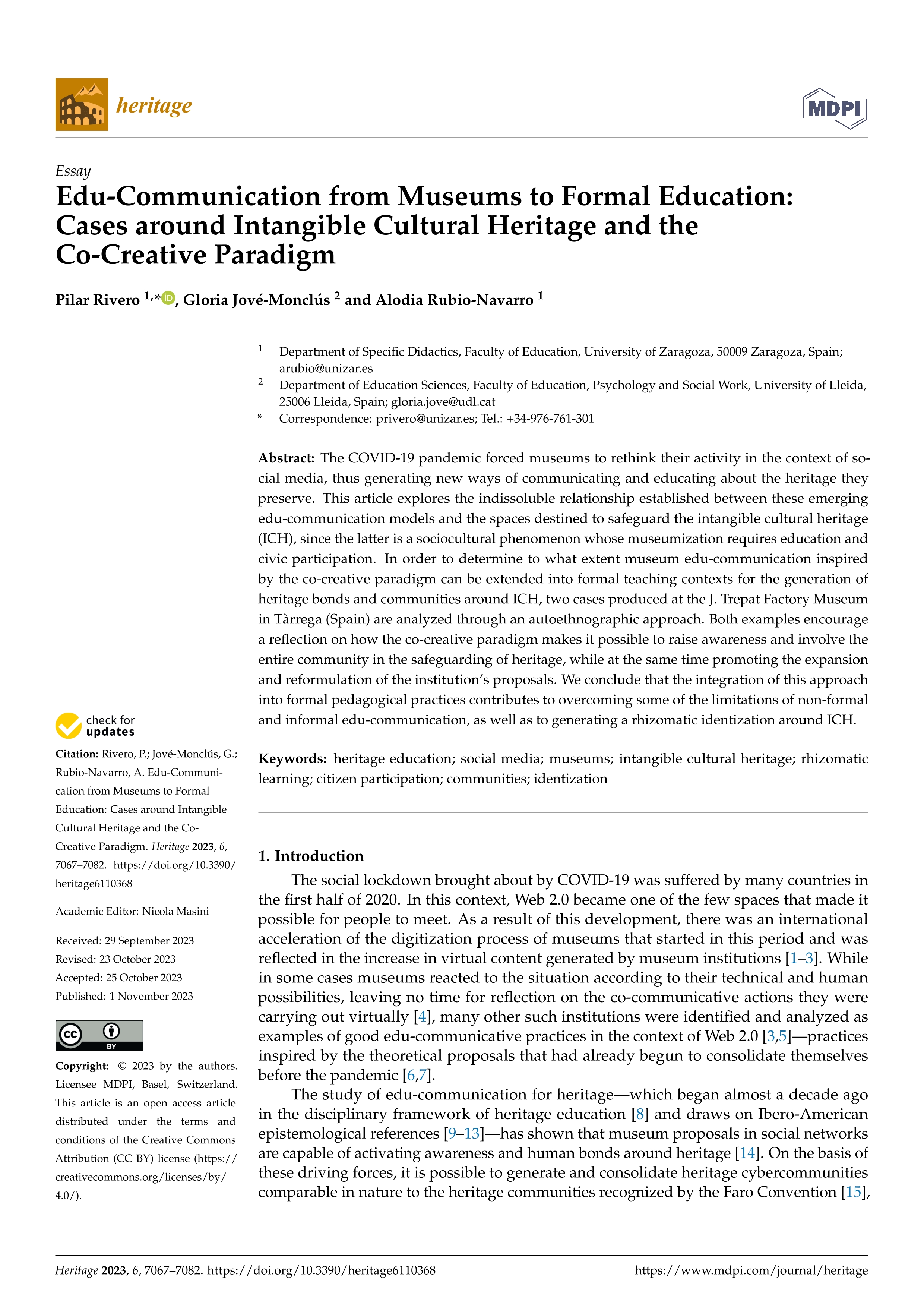 Edu-Communication from Museums to Formal Education: Cases around Intangible Cultural Heritage and the Co-Creative Paradigm