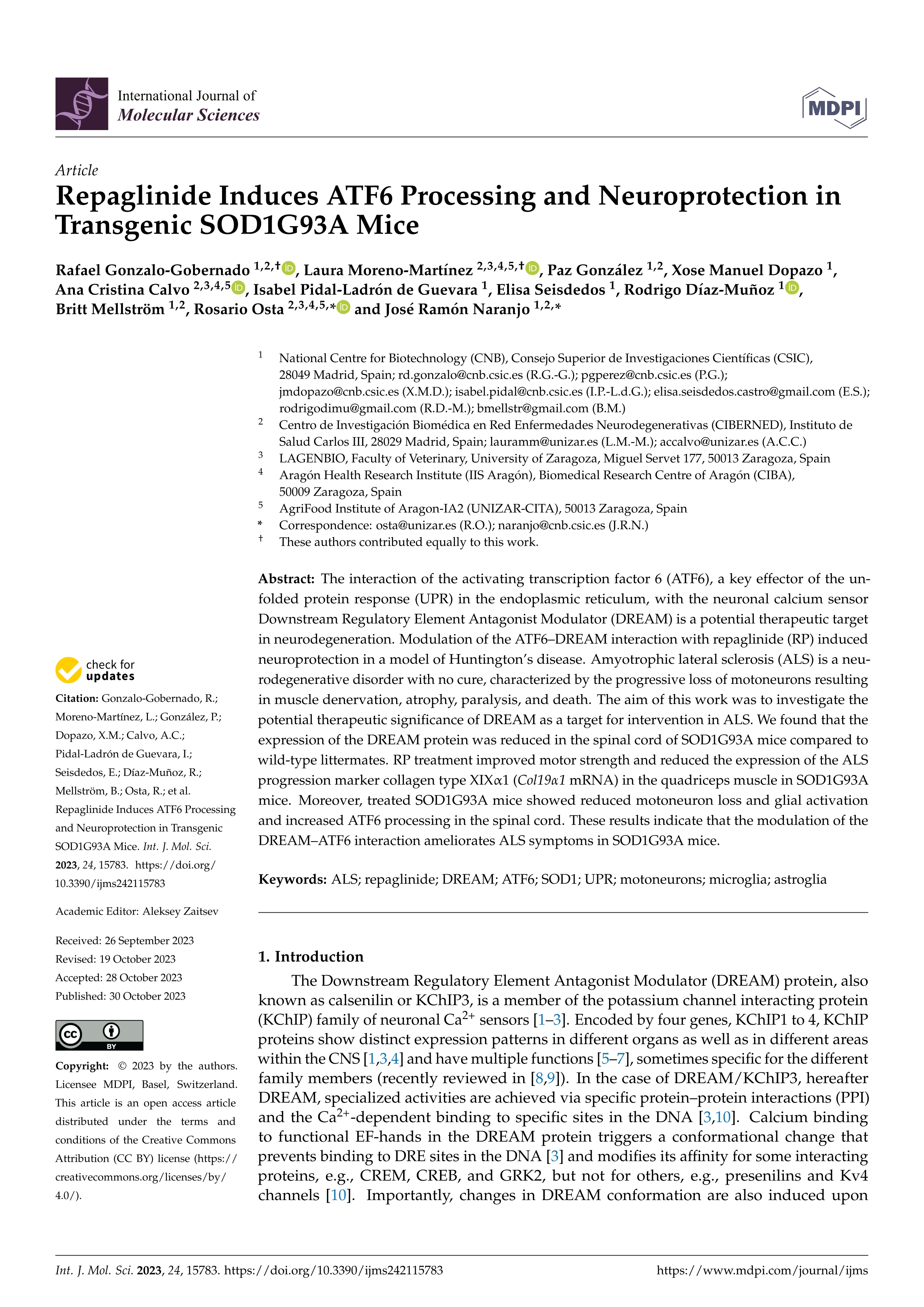 Repaglinide induces 003726 processing and neuroprotection in transgenic SOD1G93A mice