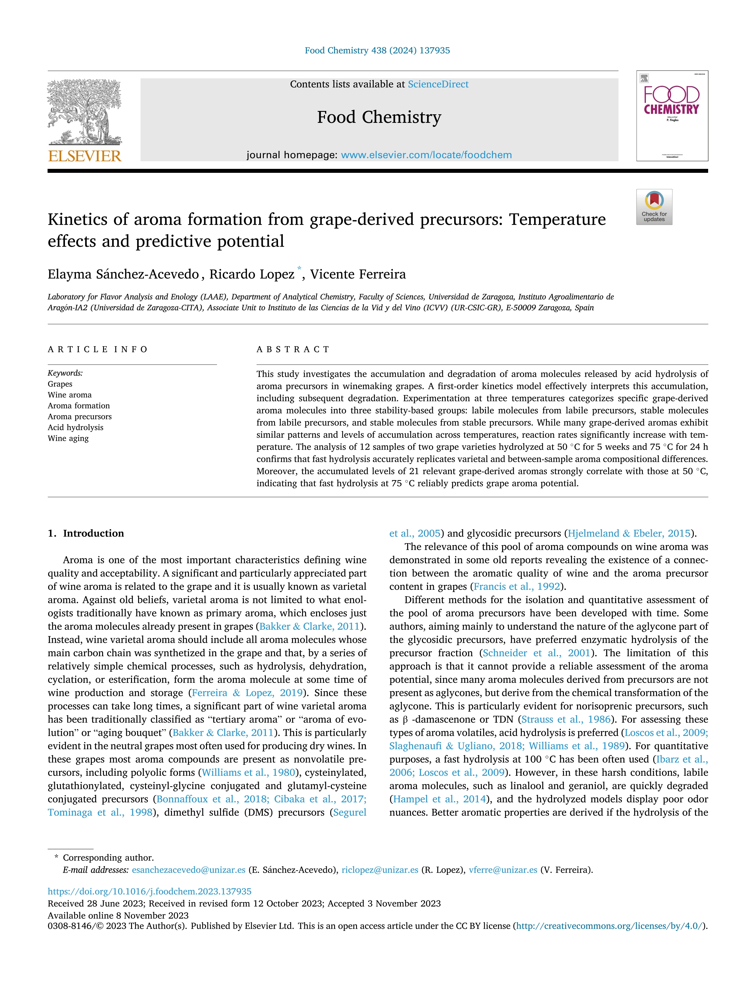 Kinetics of aroma formation from grape-derived precursors: Temperature effects and predictive potential