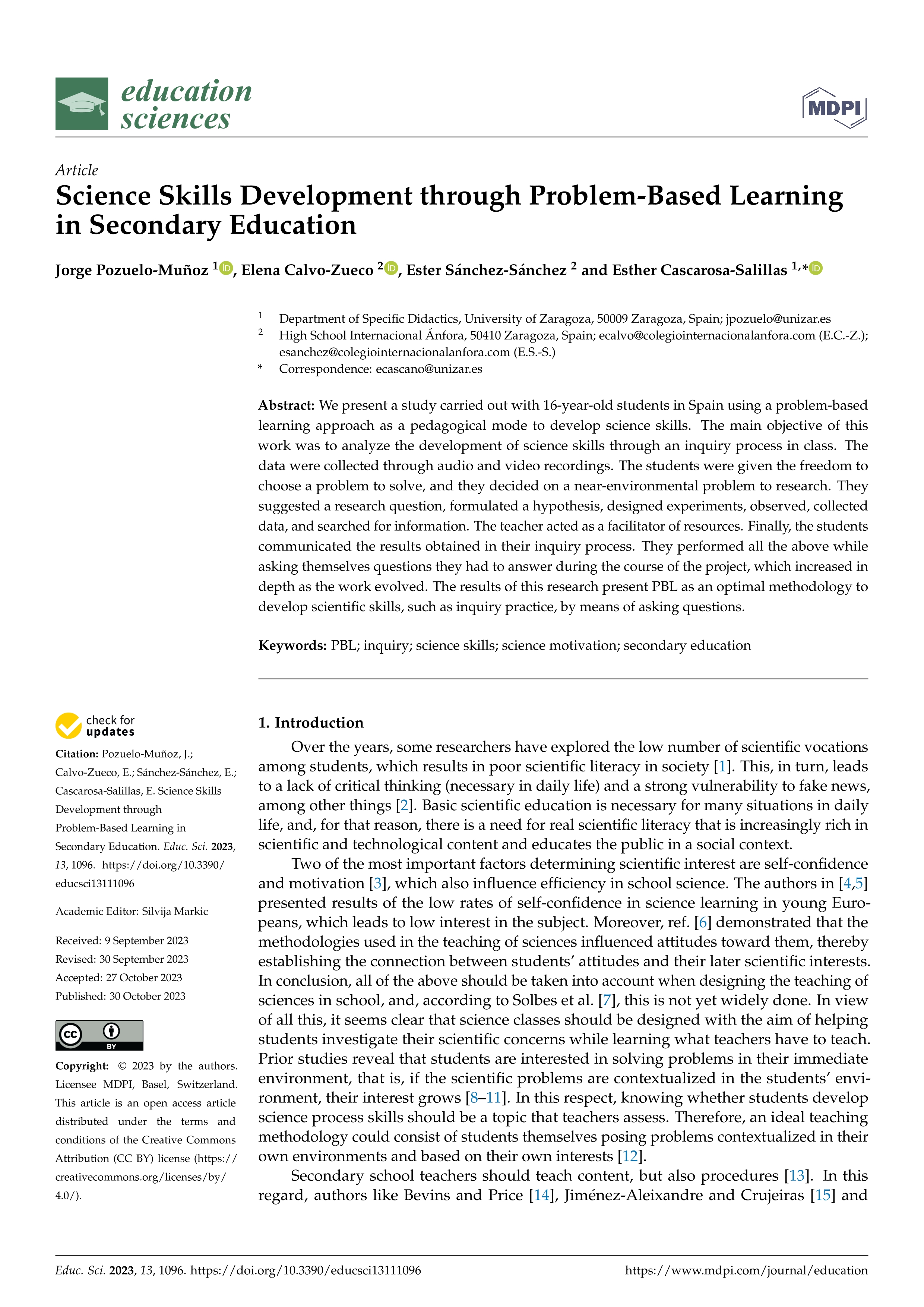 Science skills development through problem-based learning in secondary education