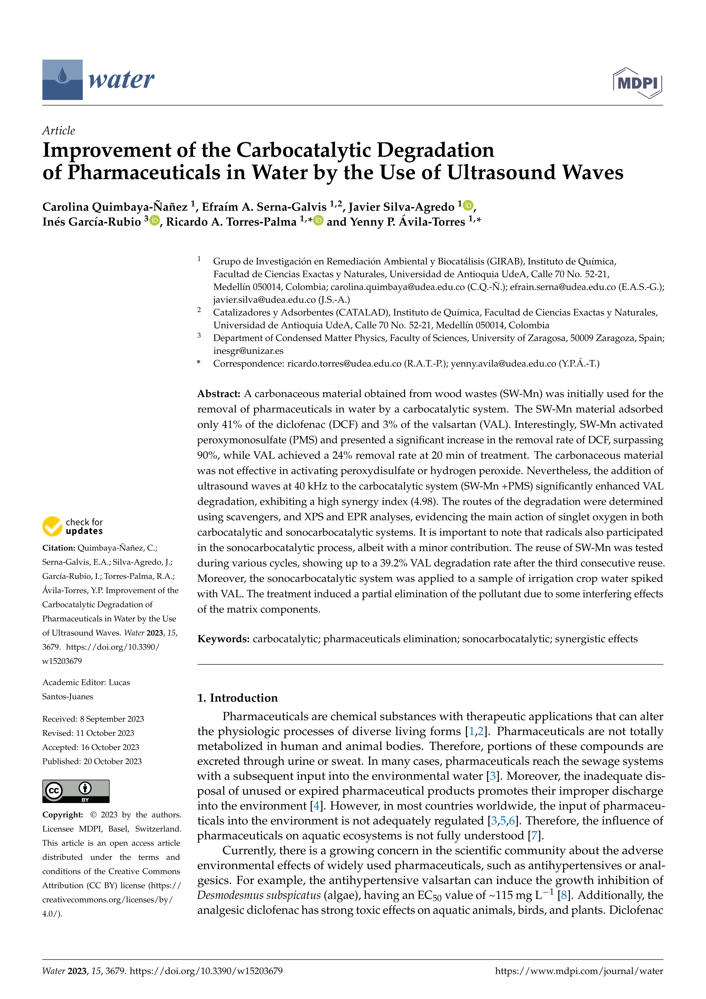 Improvement of the carbocatalytic degradation of pharmaceuticals in water by the use of ultrasound waves