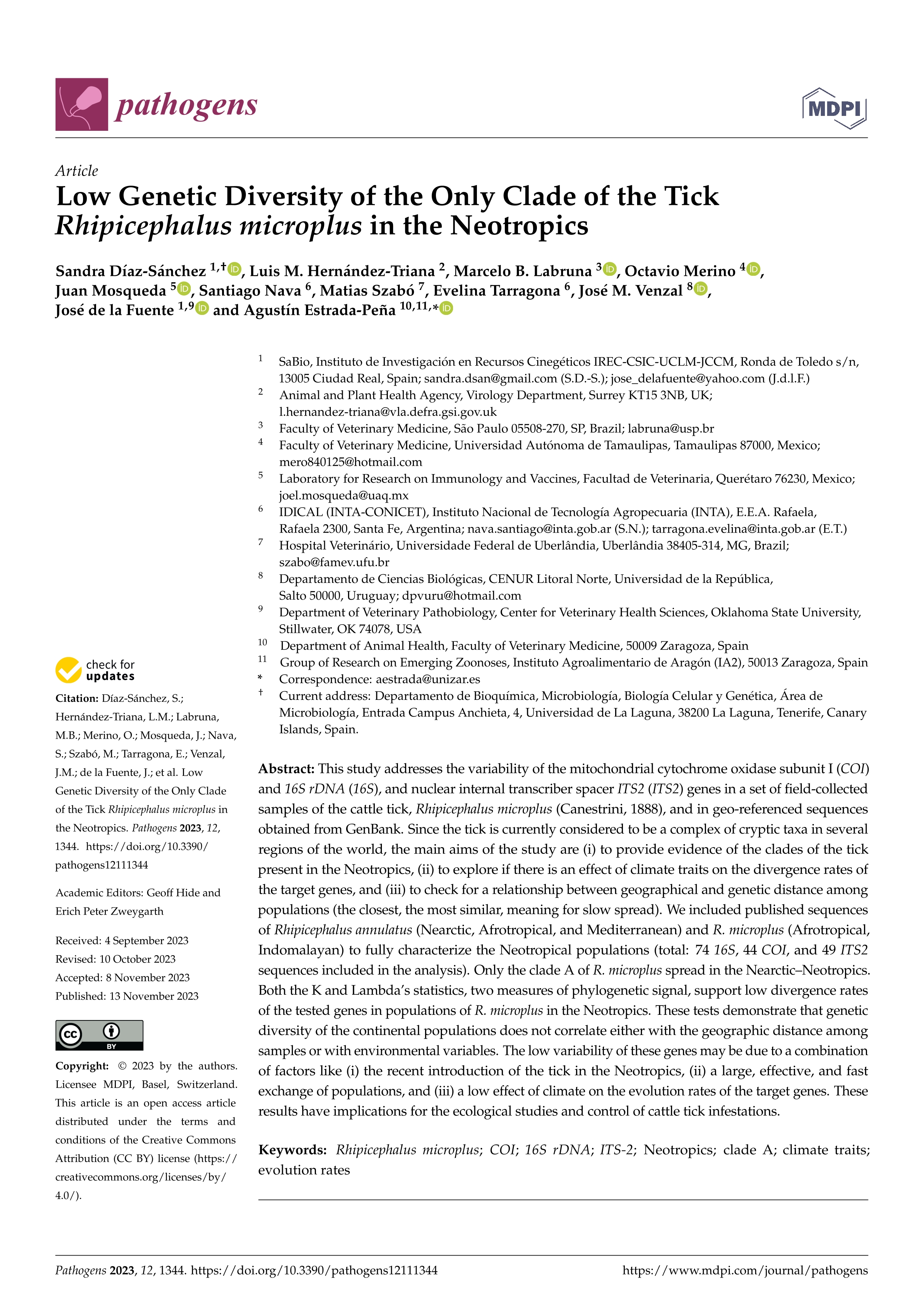 Low genetic diversity of the only clade of the tick rhipicephalus microplus in the neotropics