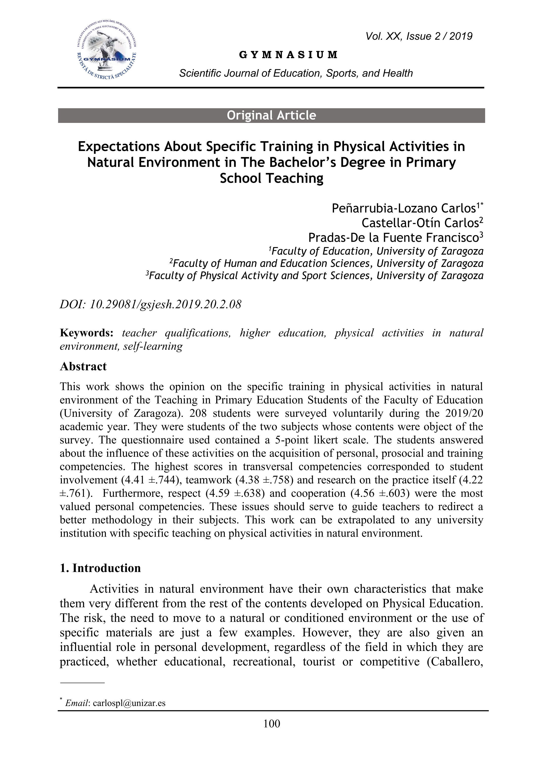 Expectations about specific training in physical activities in natural environment in the bachelor's degree in primary school teaching