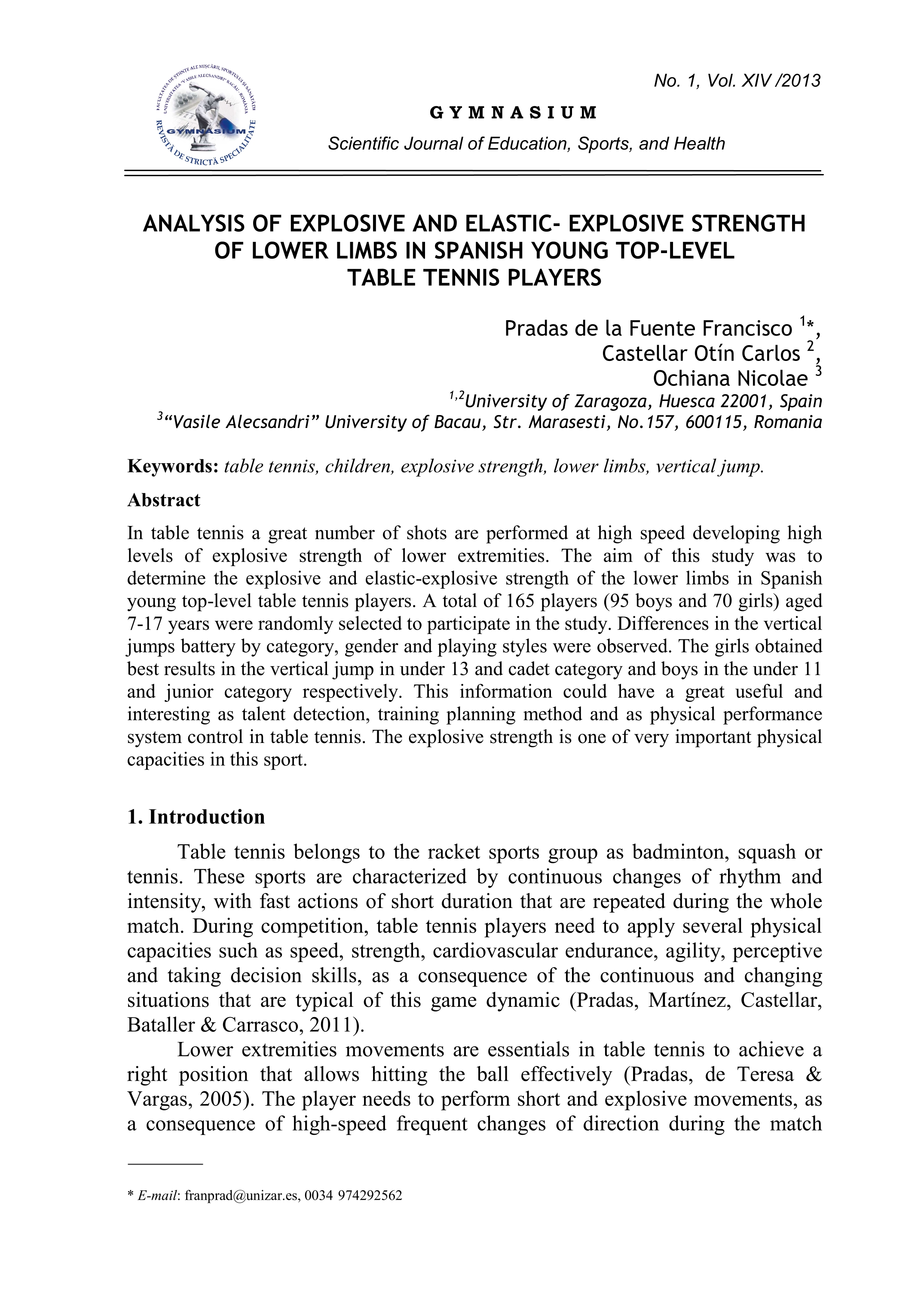 Analysis of explosive and elastic-explosive strength of lower limbs in spanish young toplevel table tennis players
