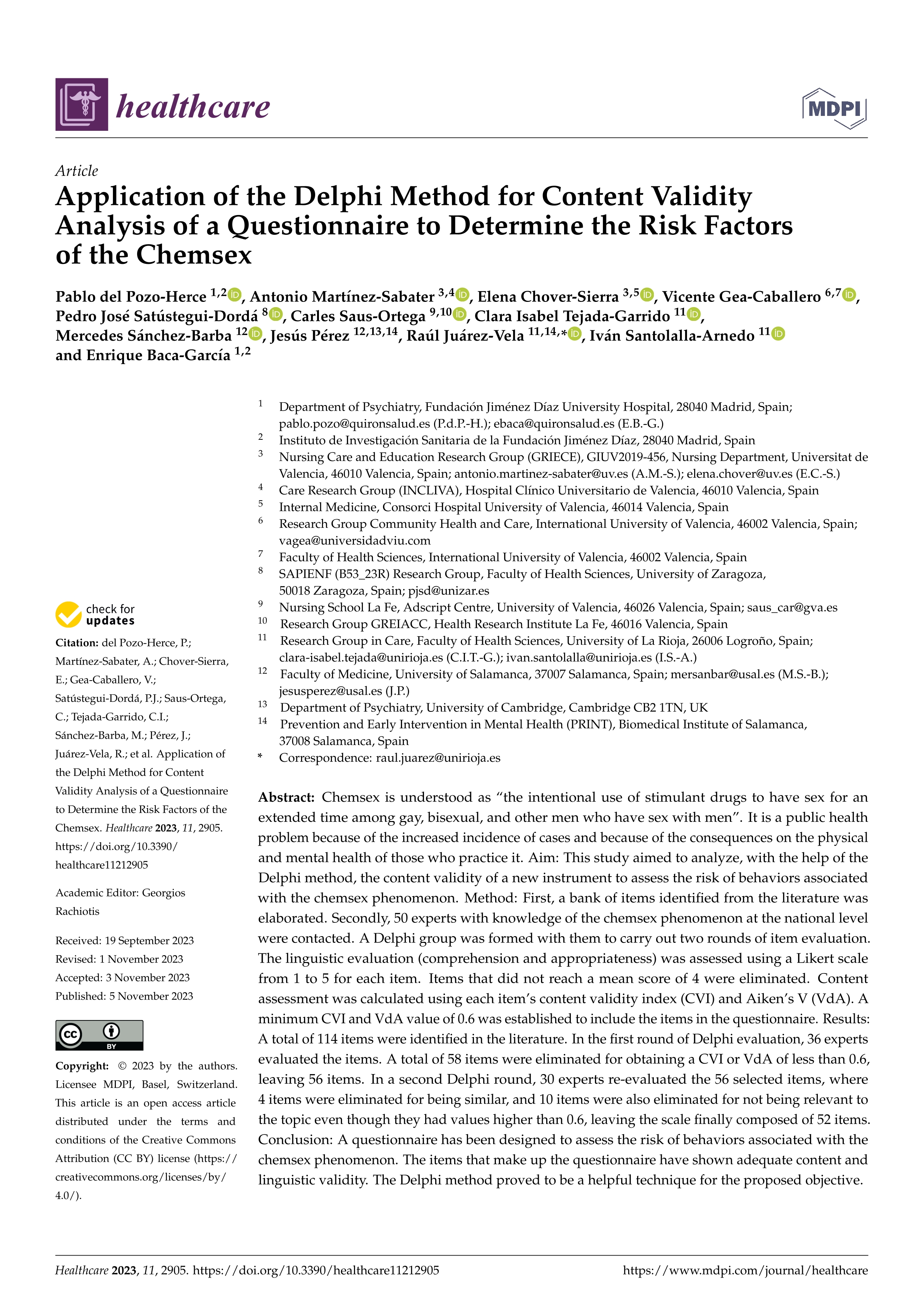 Application of the Delphi method for content validity analysis of a questionnaire to determine the risk factors of the Chemsex