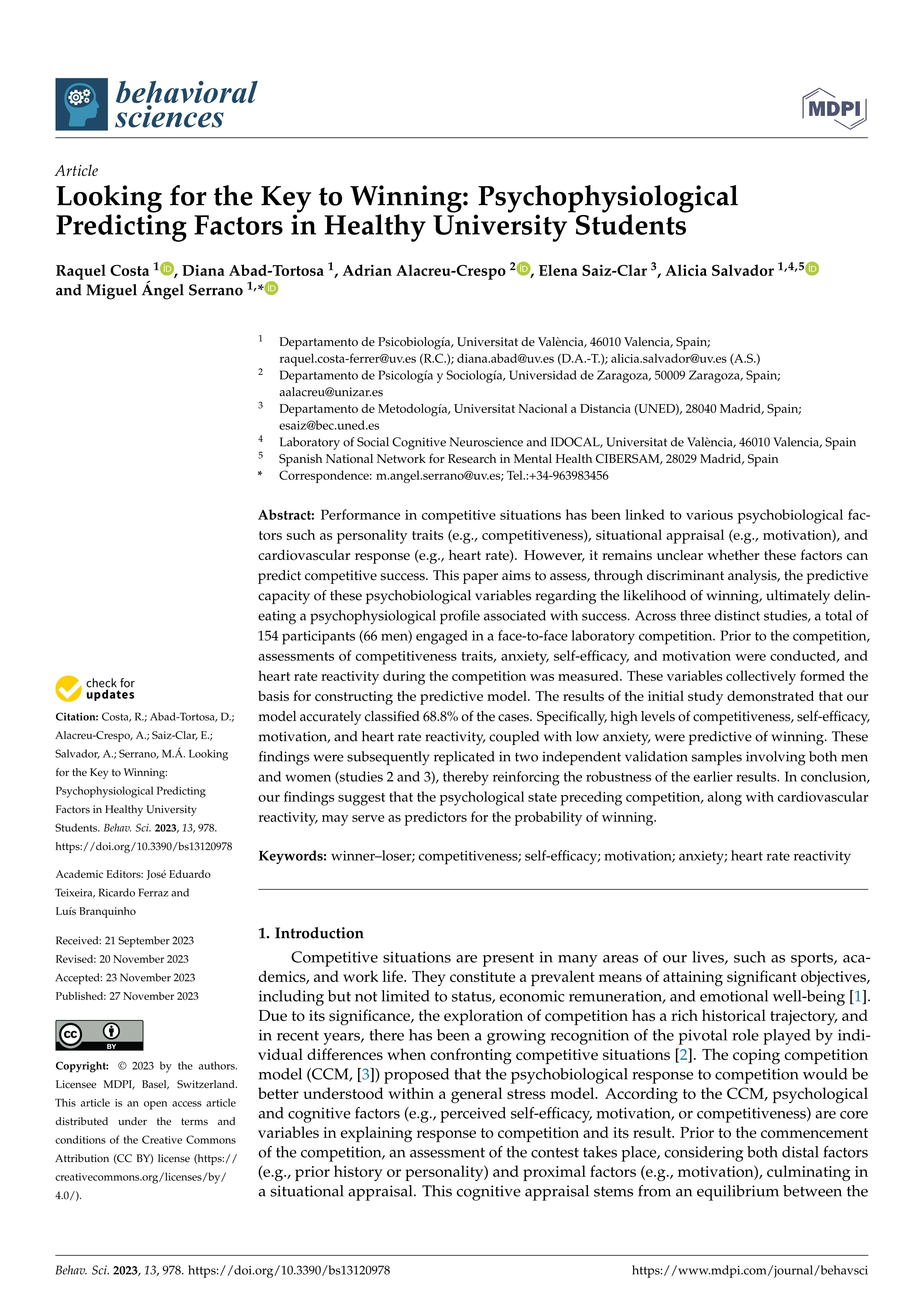 Looking for the key to winning: psychophysiological predicting factors in healthy university students