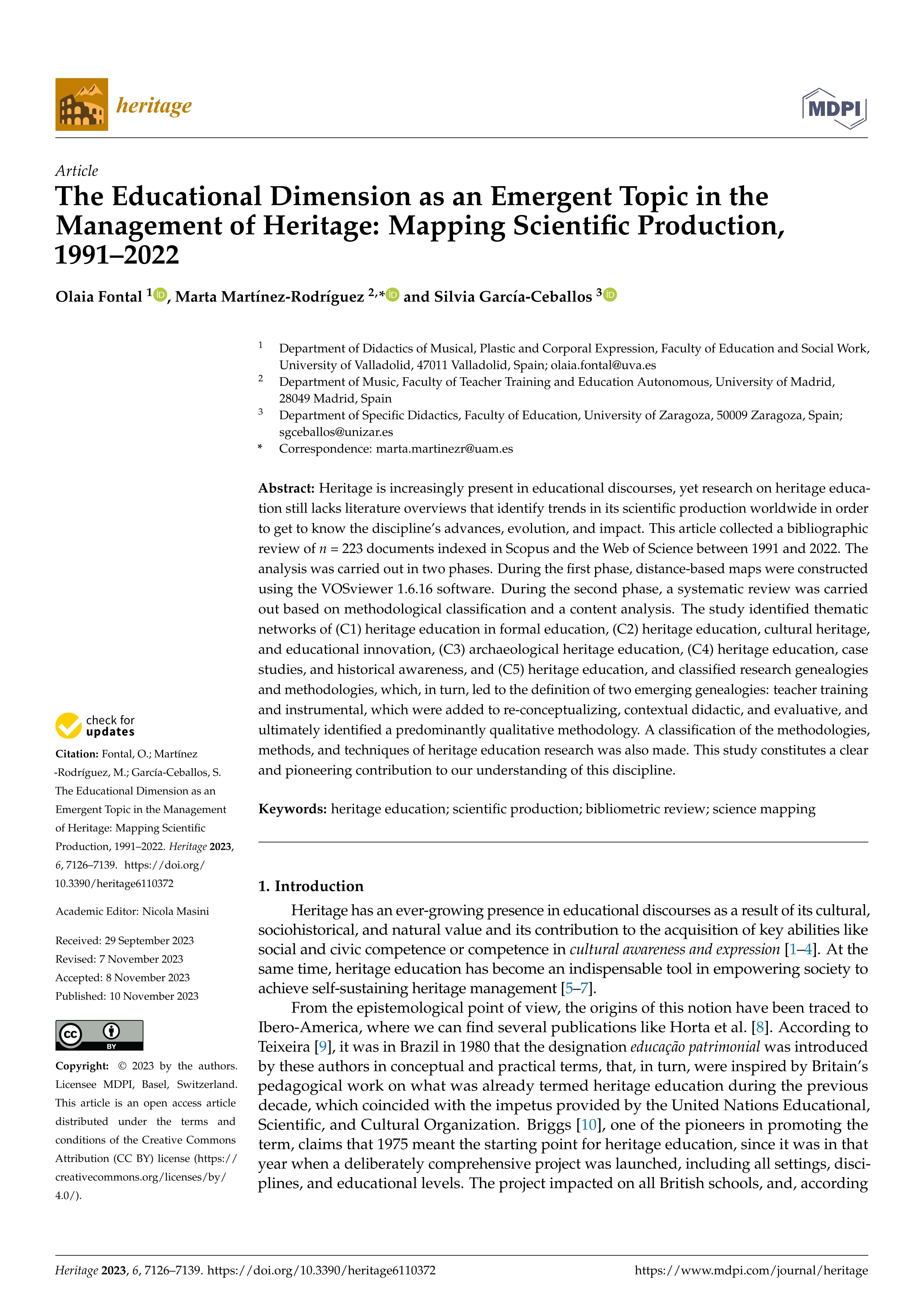 The Educational Dimension as an Emergent Topic in the Management of Heritage: Mapping Scientific Production, 1991–2022