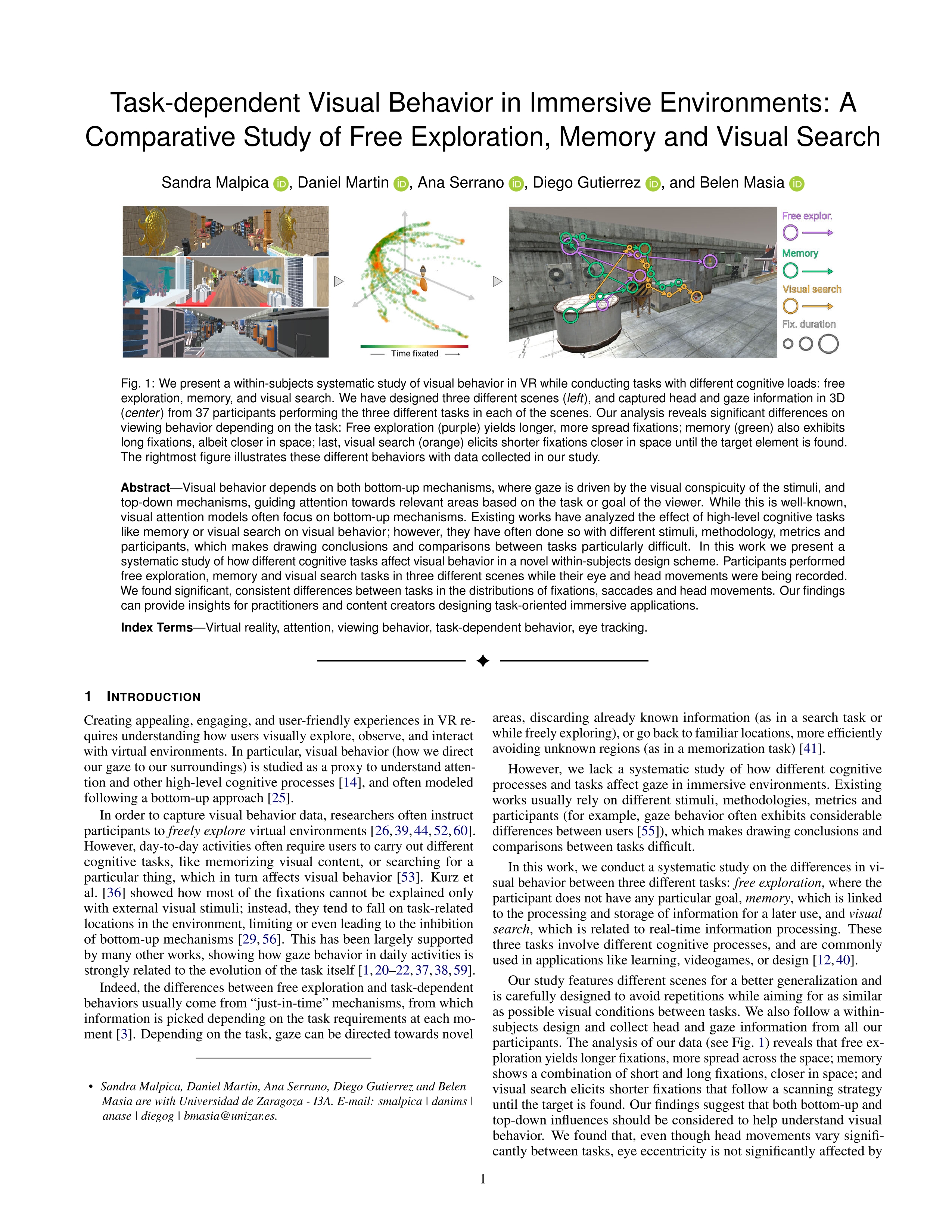 Task-dependent visual behavior in immersive environments: a comparative study of free exploration, memory and visual search