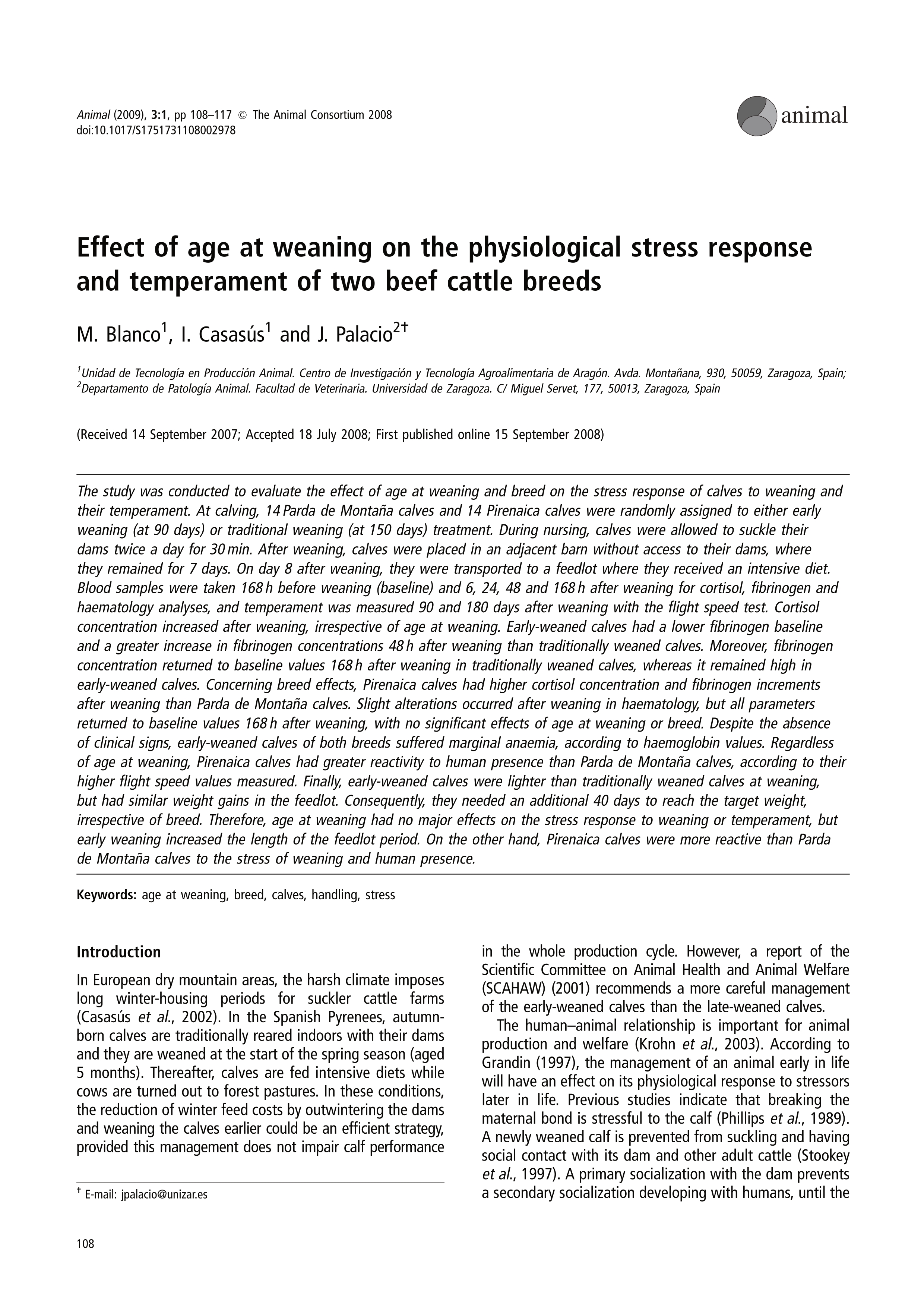 Effect of Age at Weaning on the Physiological Stress Response and Temperament of Two Beef Cattle Breeds