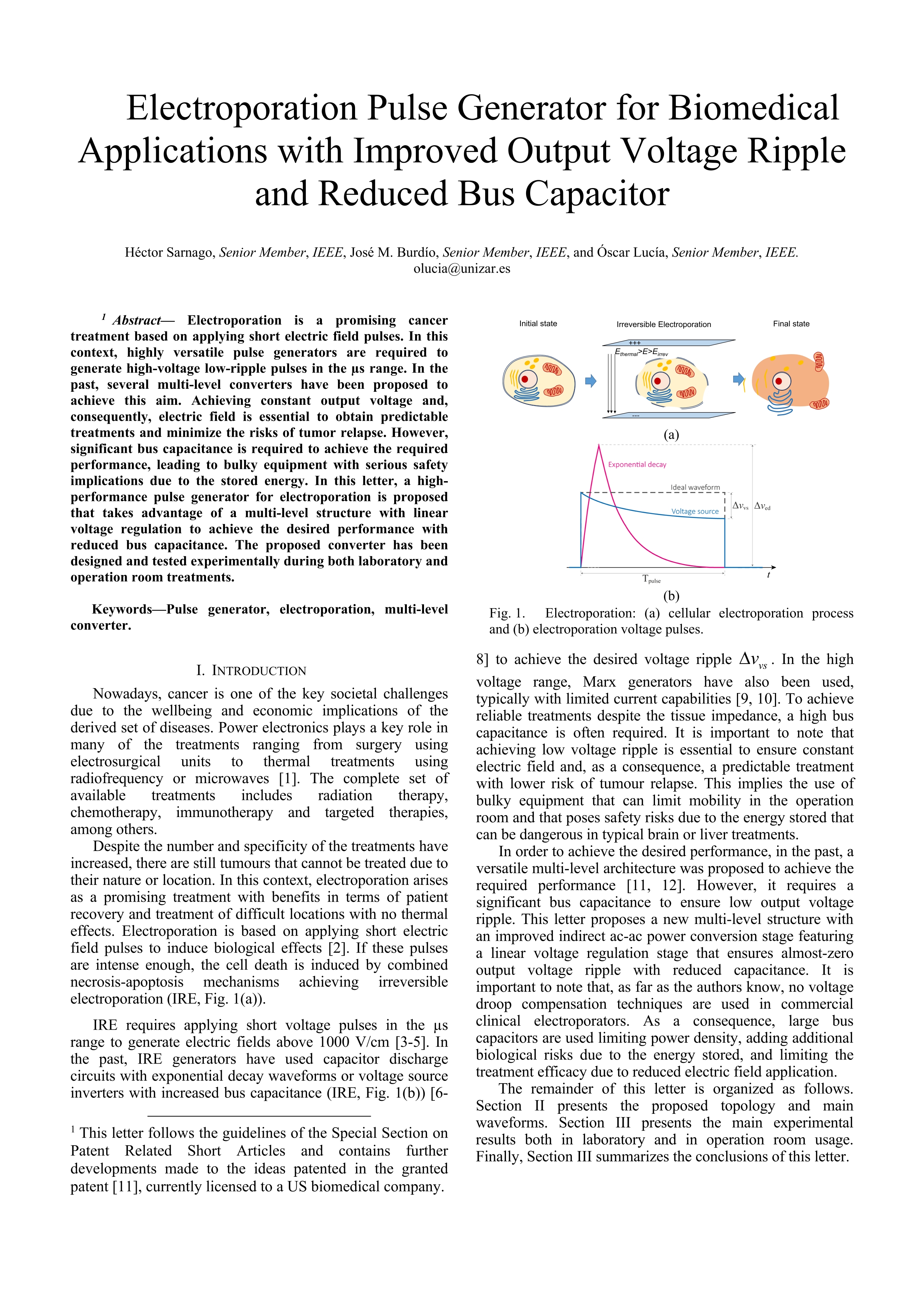 Electroporation pulse generator for biomedical applications with improved output voltage ripple and reduced bus capacitor