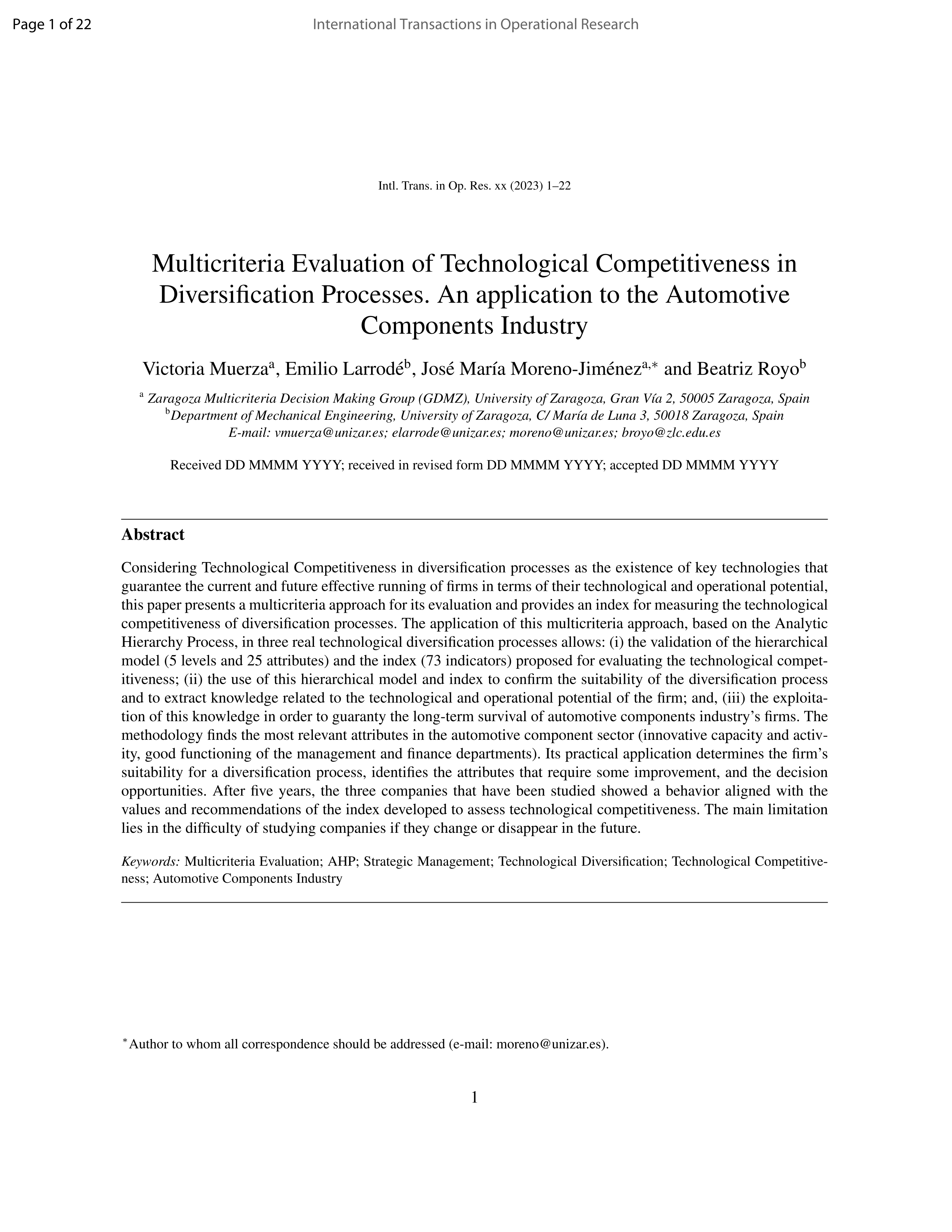 Multicriteria evaluation of technological competitiveness in diversification processes. An application to the automotive components industry