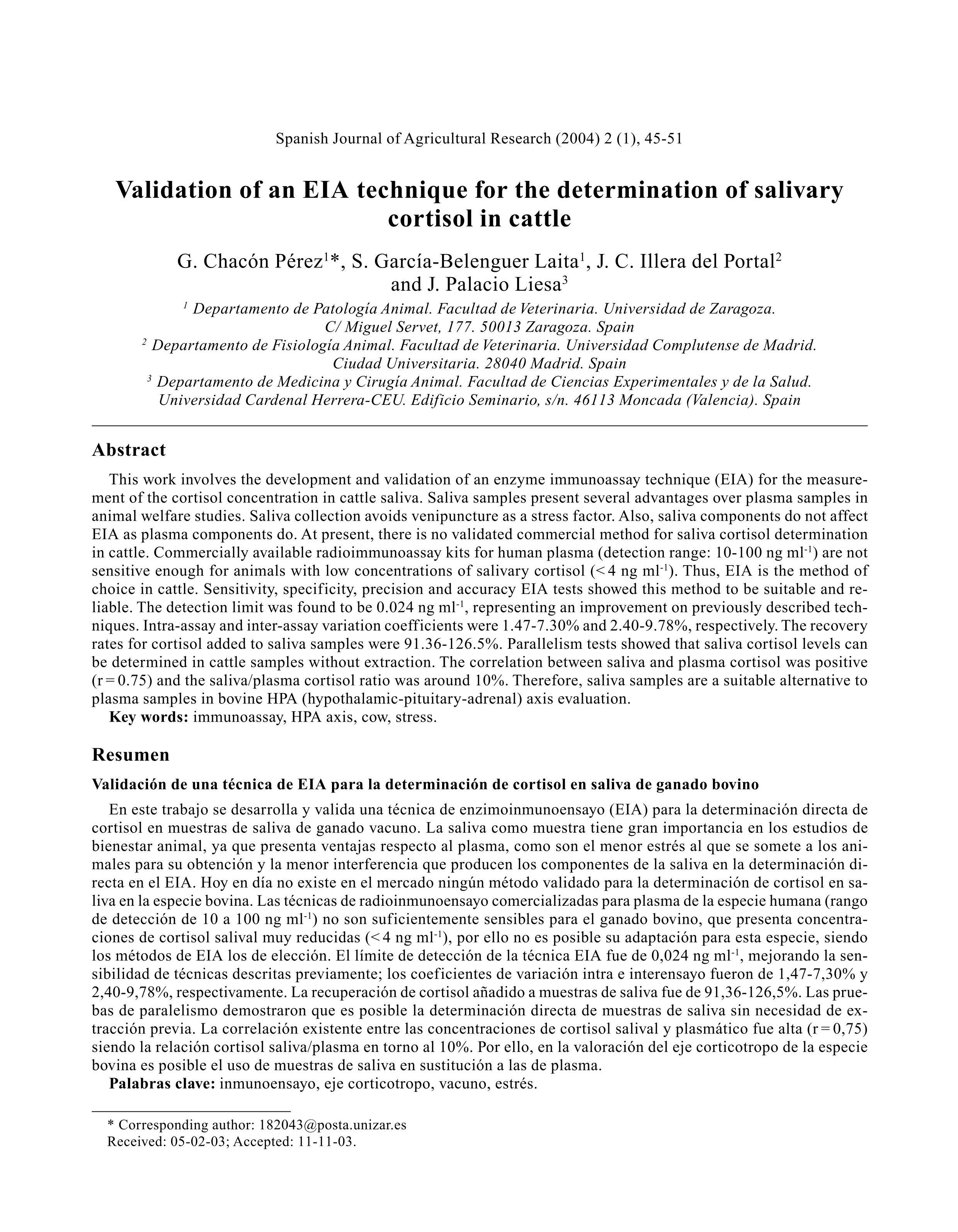 Validation of an EIA [enzyme immunoassay] technique for the determination of salivary cortisol in cattle