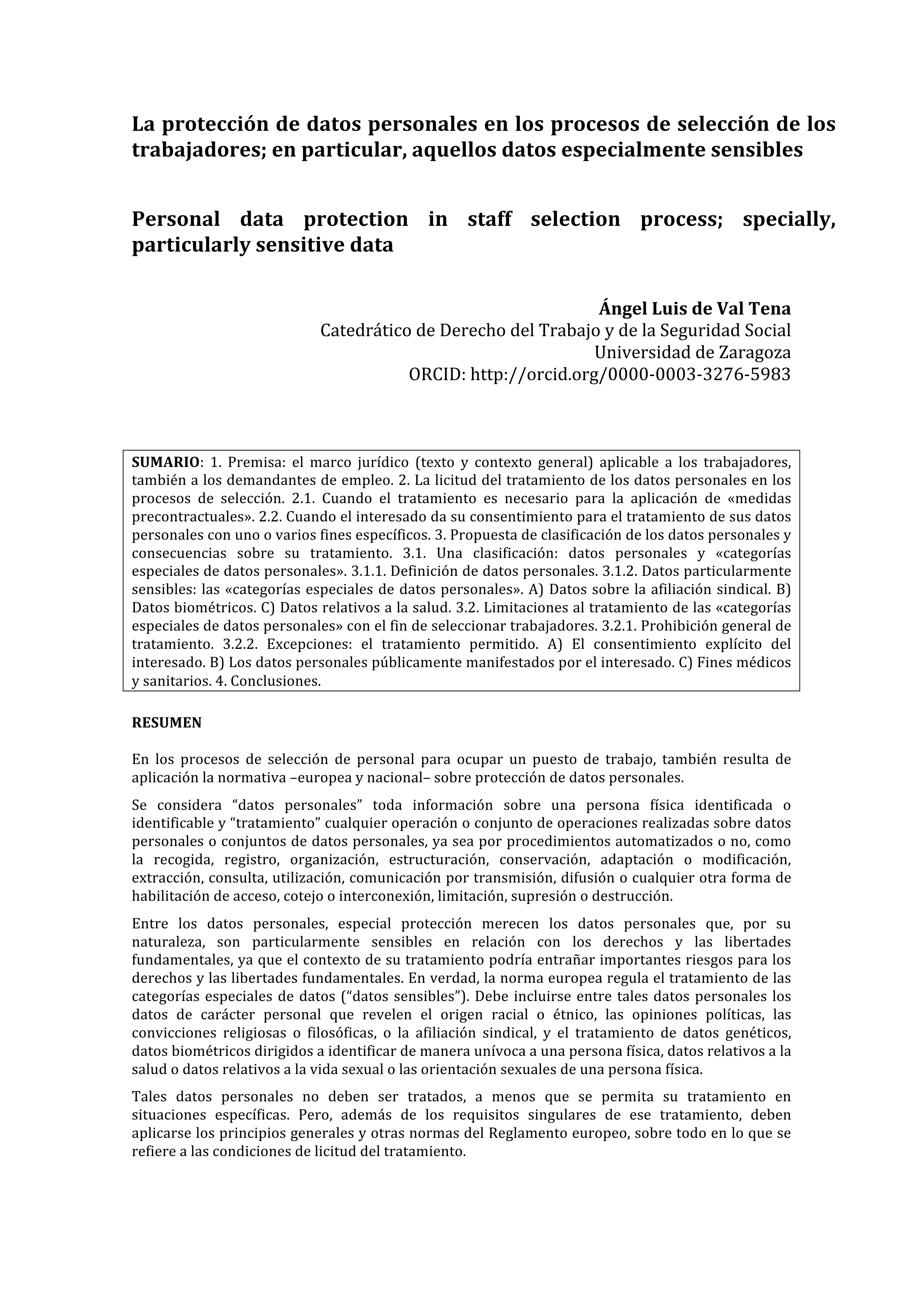 La protección de datos personales en los procesos de selección de trabajadores; en particular, aquellos datos especialmente sensibles