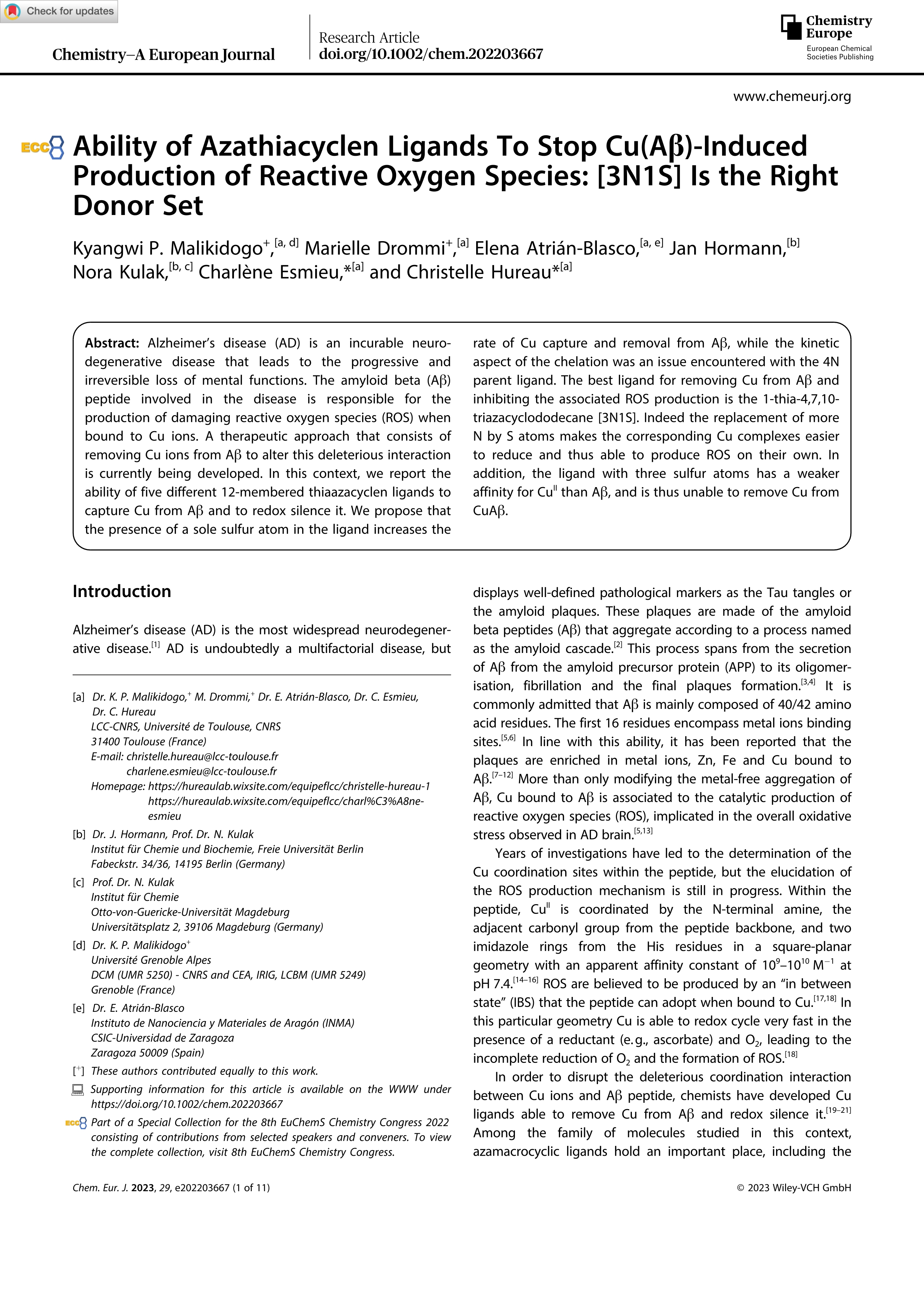Ability of azathiacyclen ligands to stop Cu(Aß)-Induced production of reactive oxygen species: [3N1S] Is the right donor set
