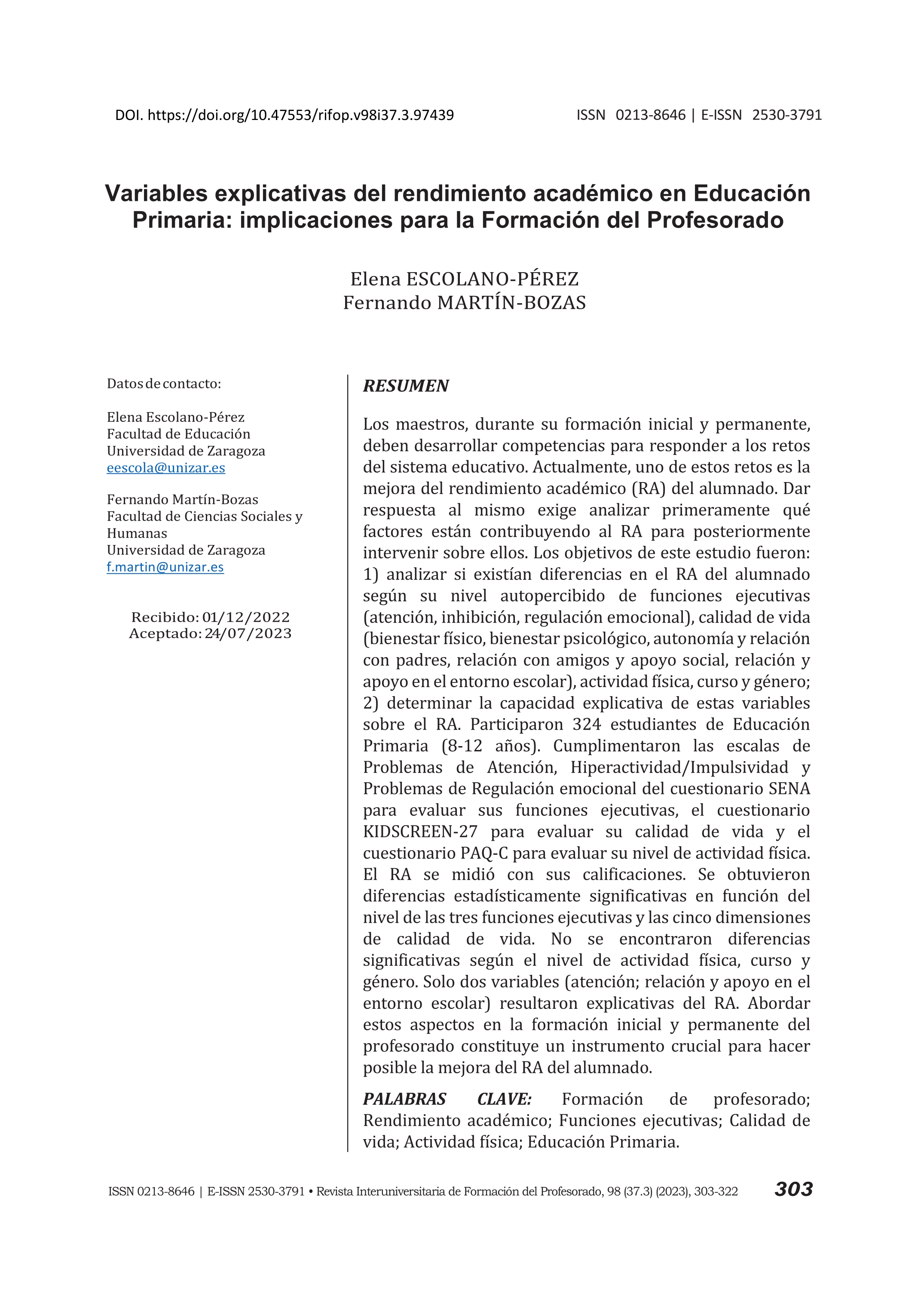 Variables explicativas del rendimiento académico en Educación Primaria: implicaciones para la Formación del Profesorado