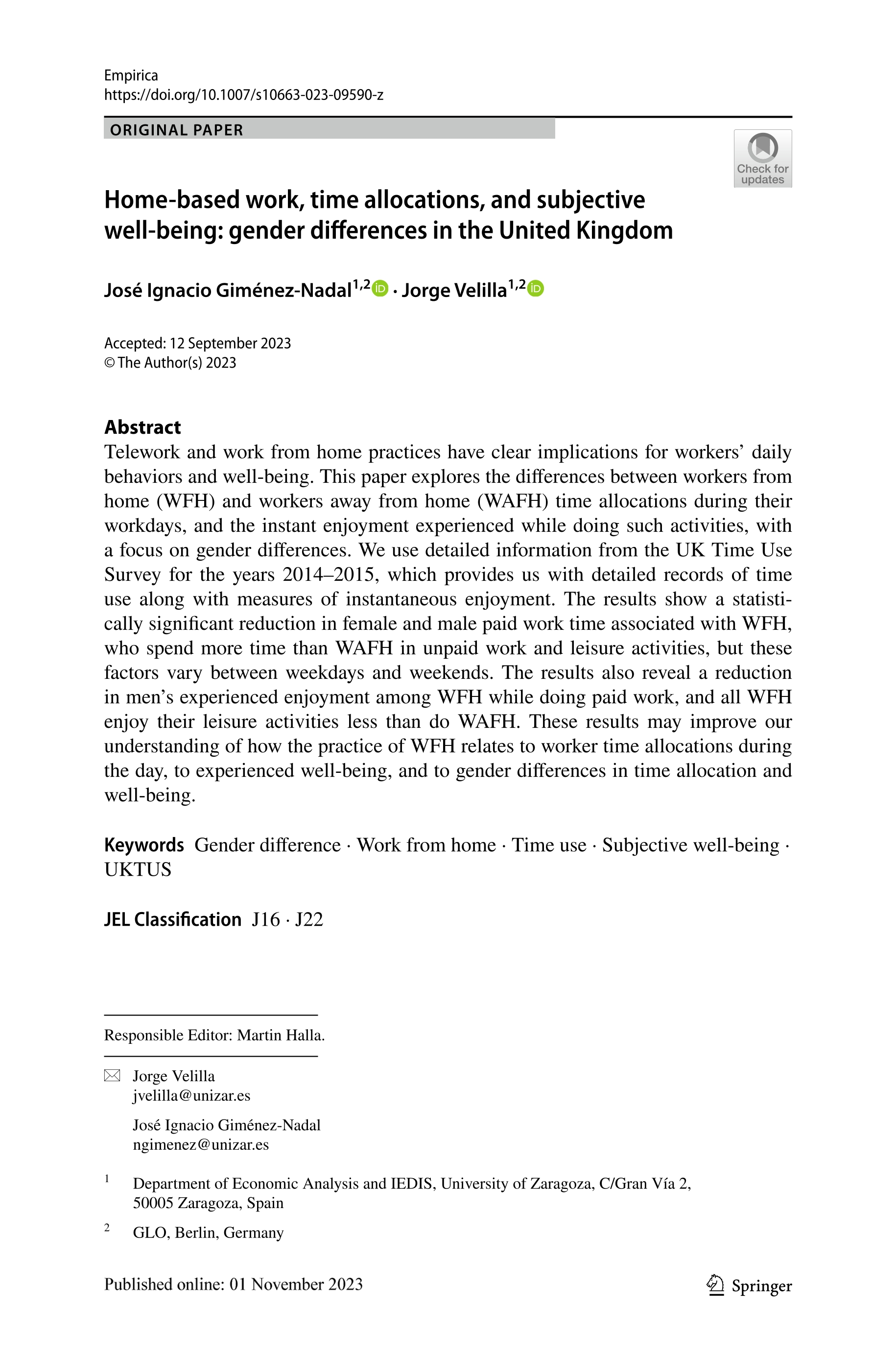 Home-based work, time allocations, and subjective well-being: gender differences in the United Kingdom