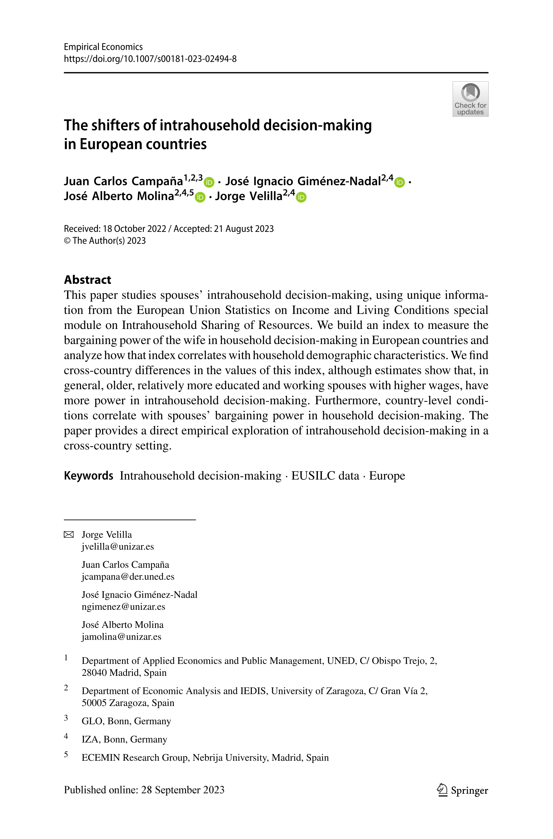 The shifters of intrahousehold decision-making in European countries