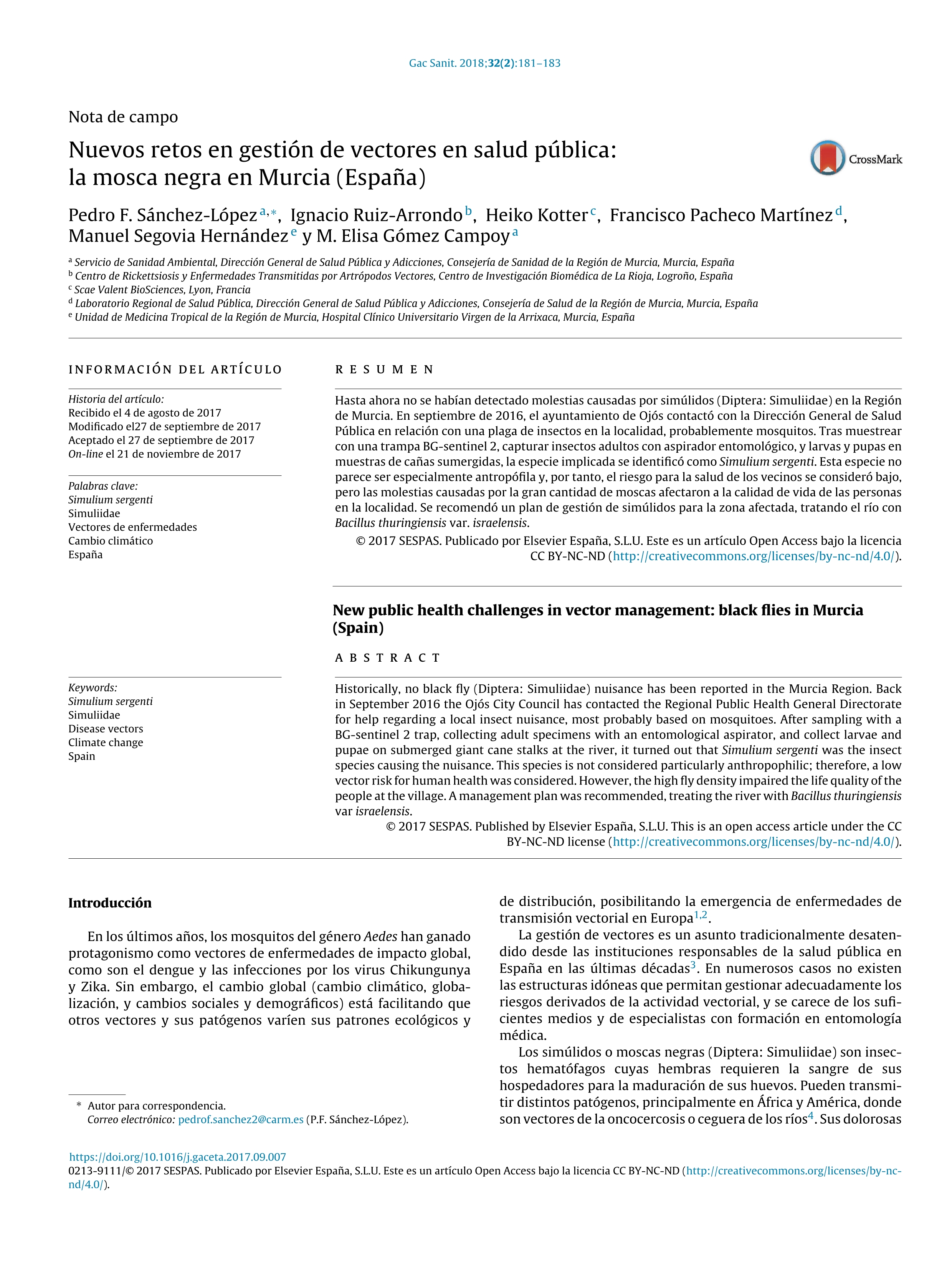 Nuevos retos en gestión de vectores en salud pública: la mosca negra en Murcia (España)