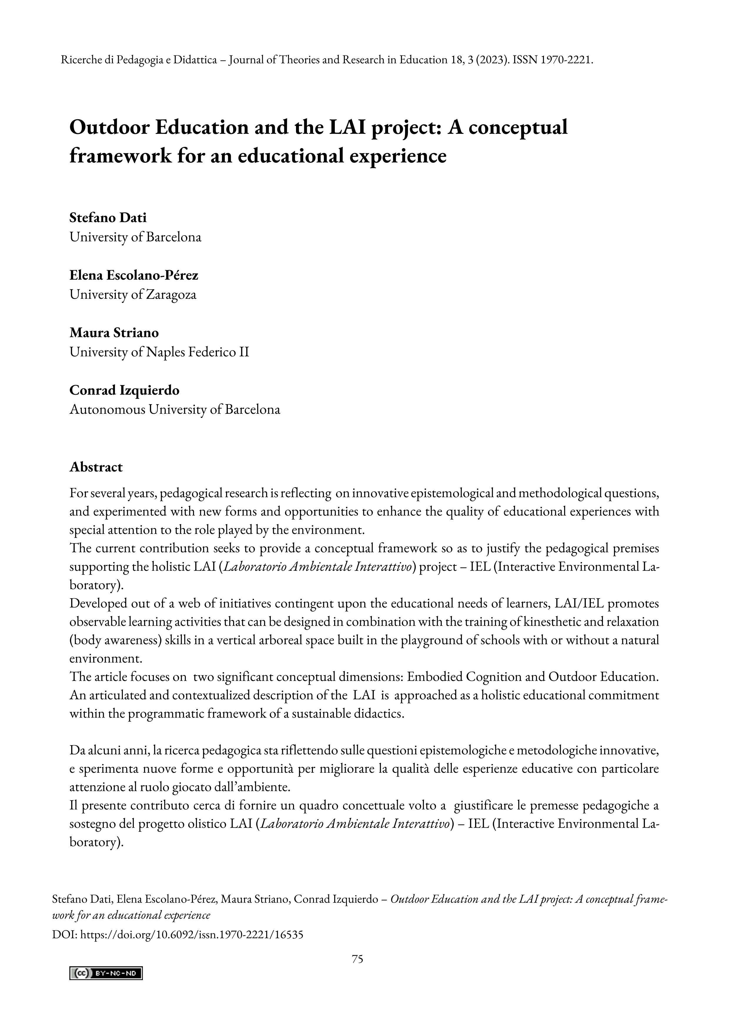 Outdoor Education and the LAI project: A conceptual framework for an educational experience