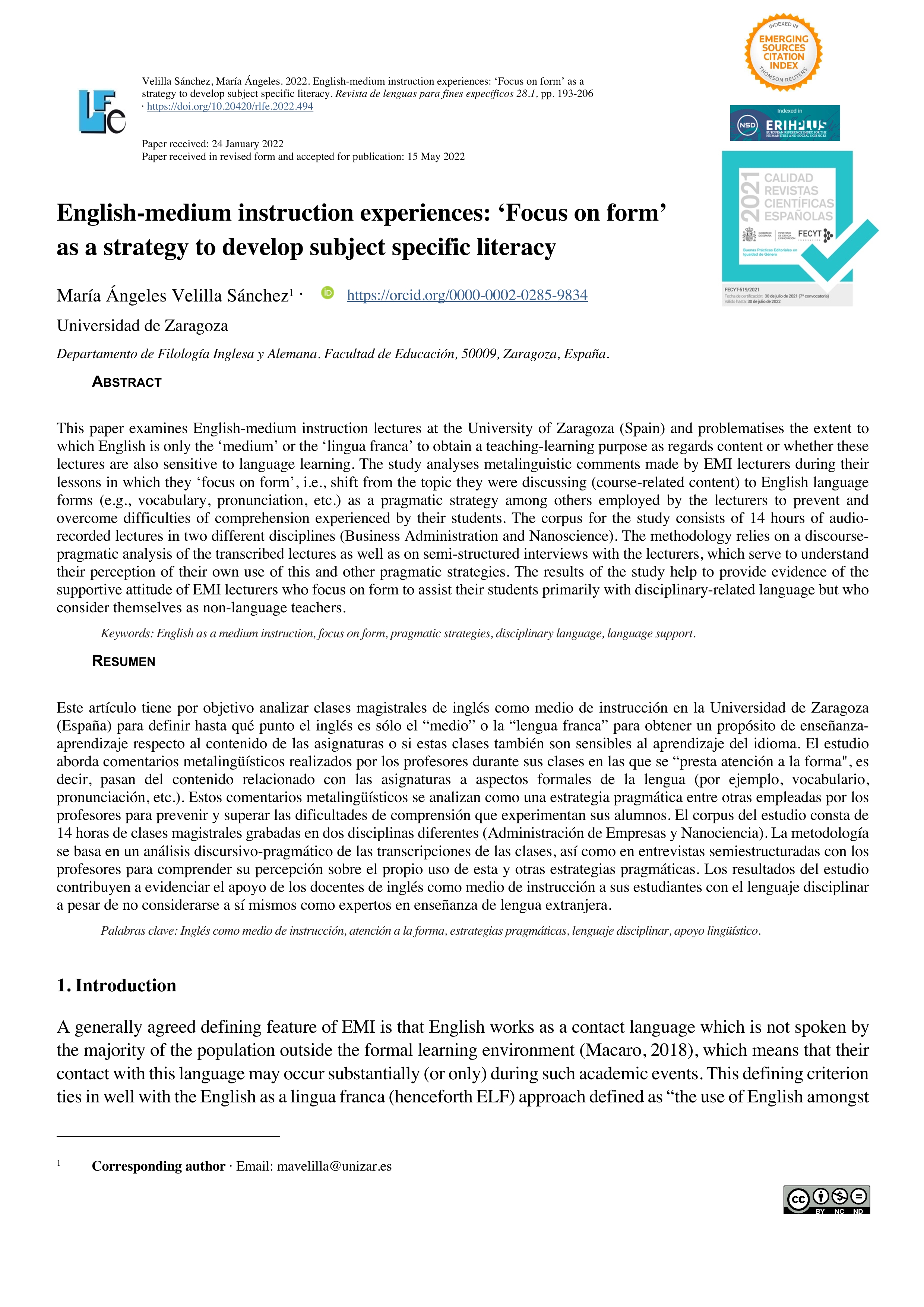 English-medium instruction experiences: ‘Focus on form’ as a strategy to develop subject specific literacy