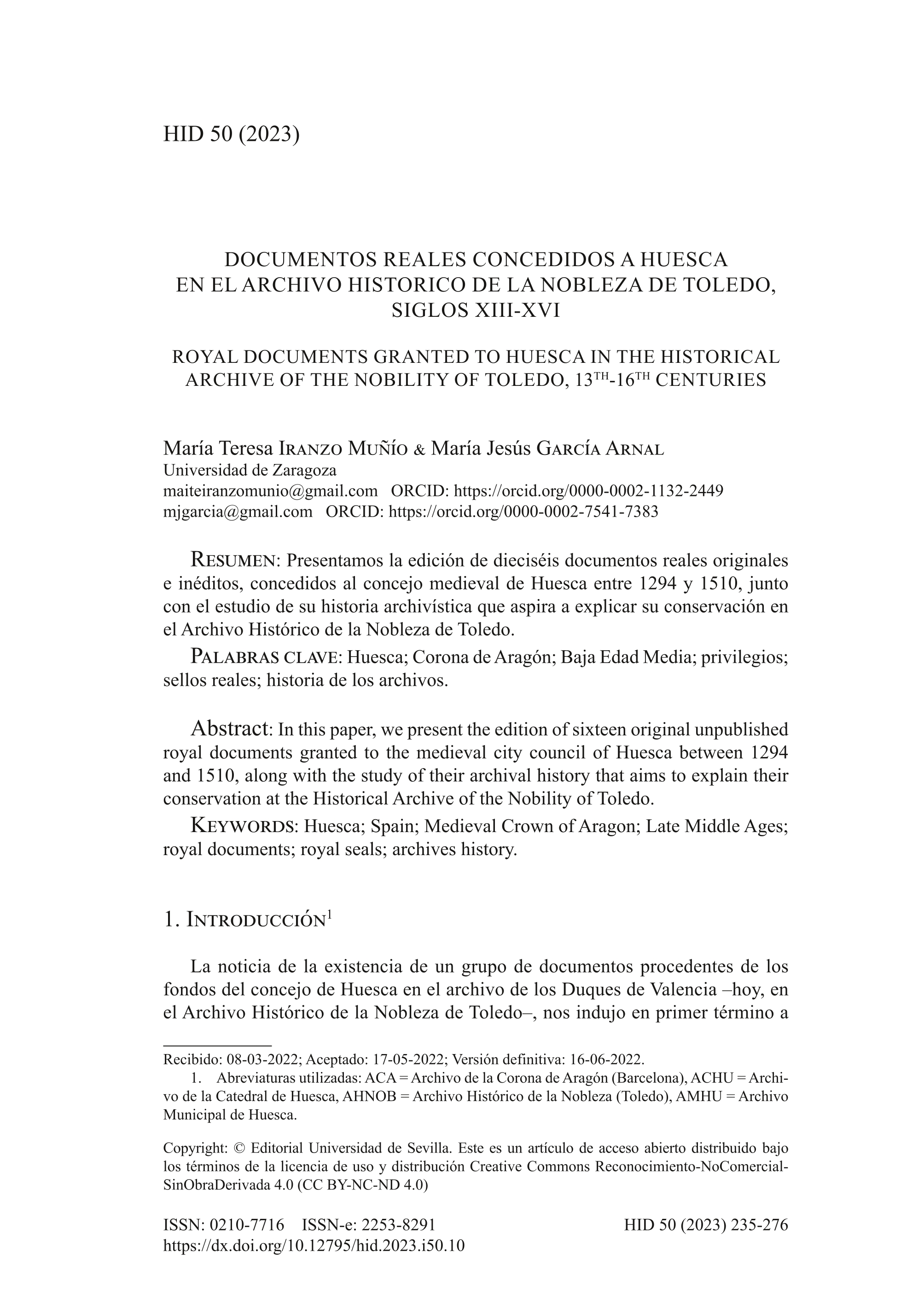 Documentos reales concedidos a Huesca en el Archivo Histórico de la Nobleza de Toledo, siglos XIII-XVI
