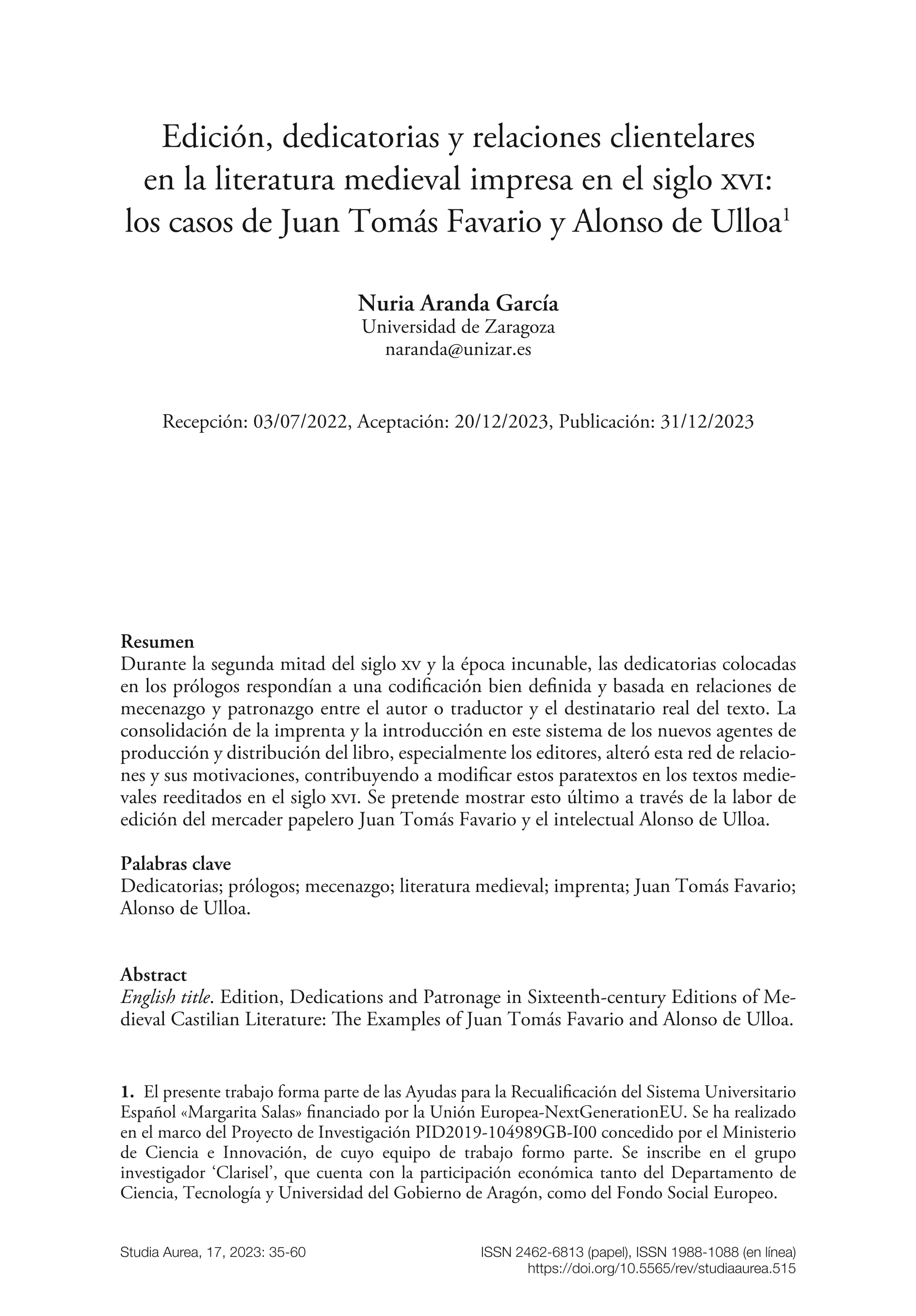 Edición, dedicatorias y relaciones clientelares en la literatura medieval impresa en el siglo XVI: los casos de Juan Tomás Favario y Alonso de Ulloa