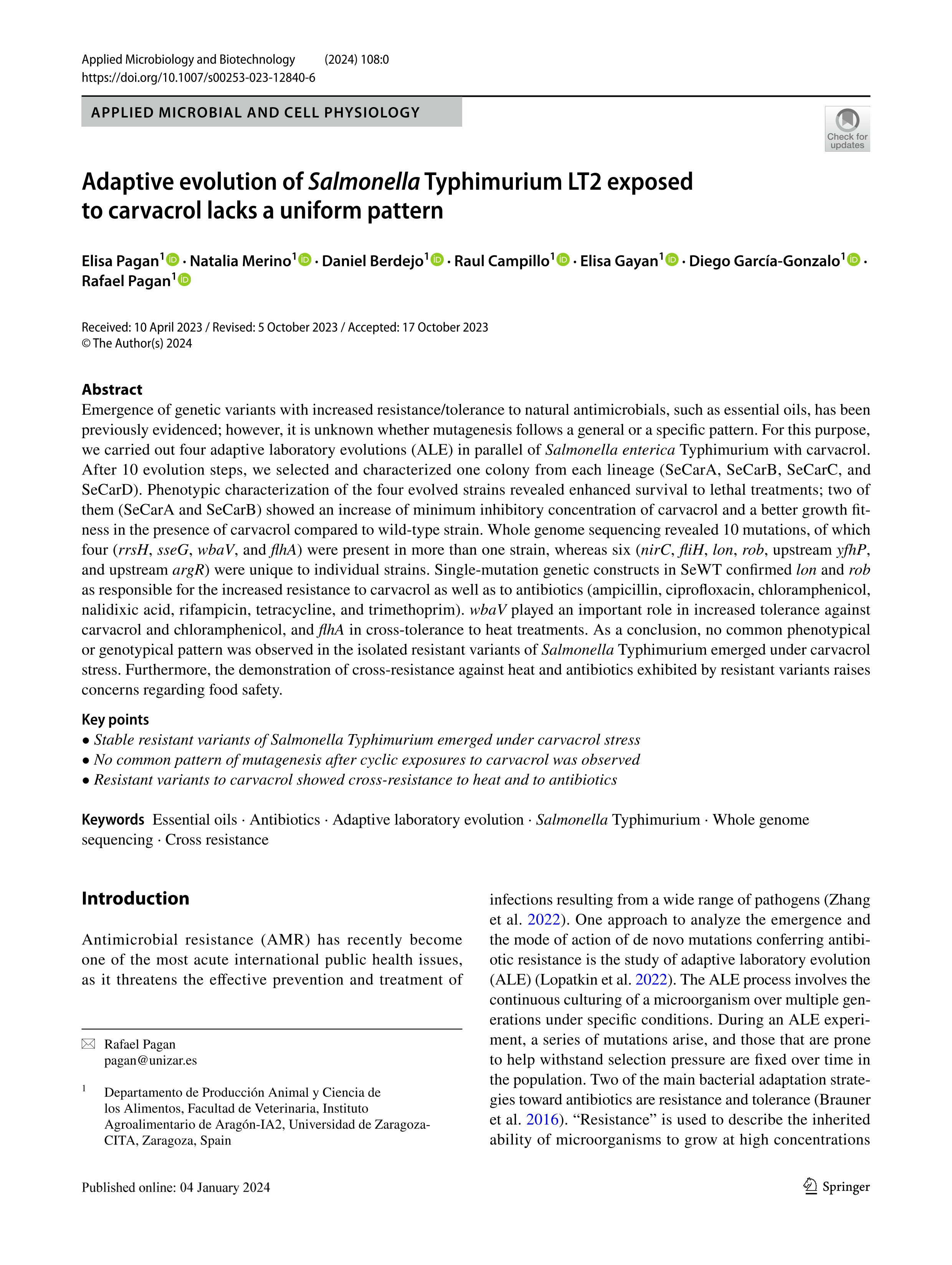 Adaptive evolution of Salmonella Typhimurium LT2 exposed to carvacrol lacks a uniform pattern