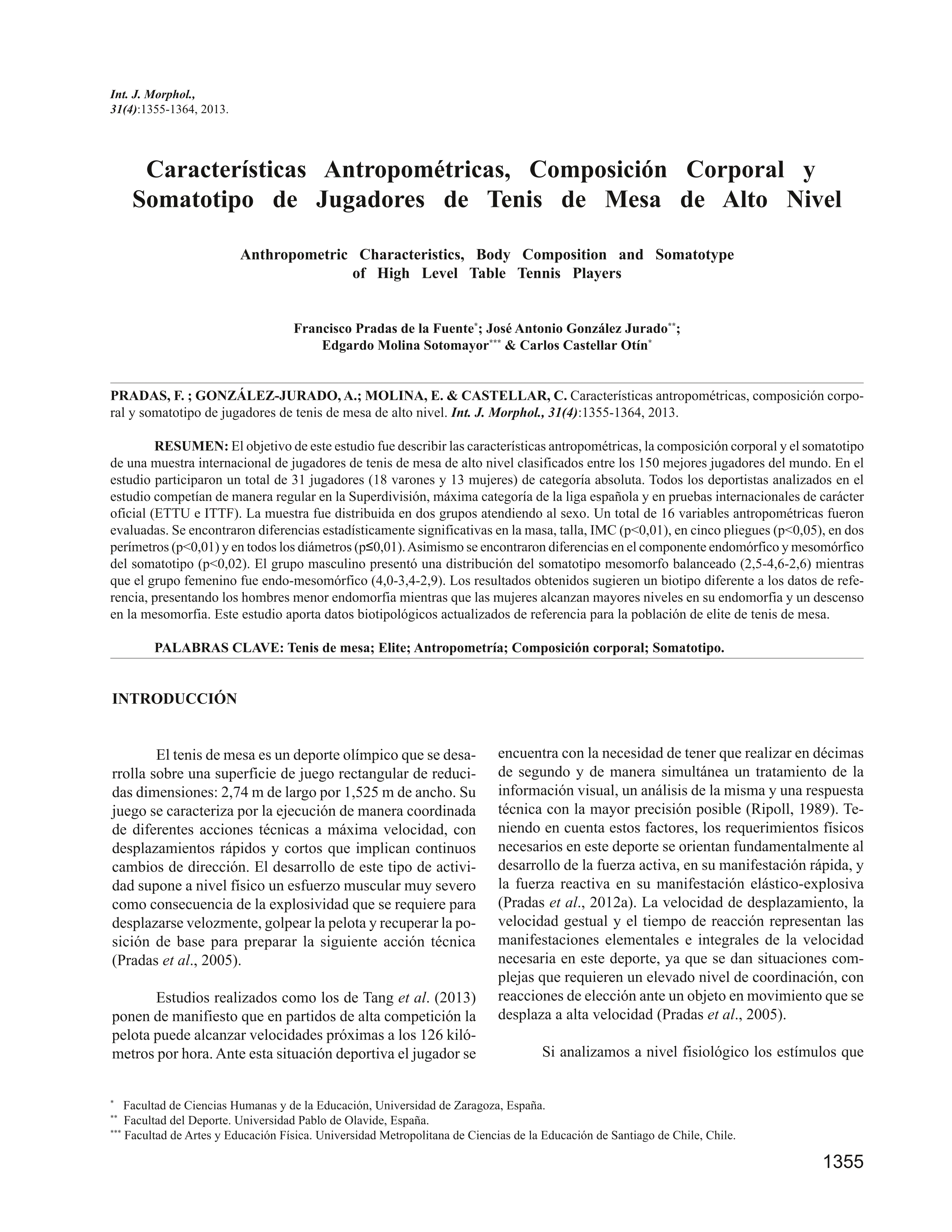 Características antropométricas, composición corporal y somatotipo de jugadores de tenis de mesa de alto nivel