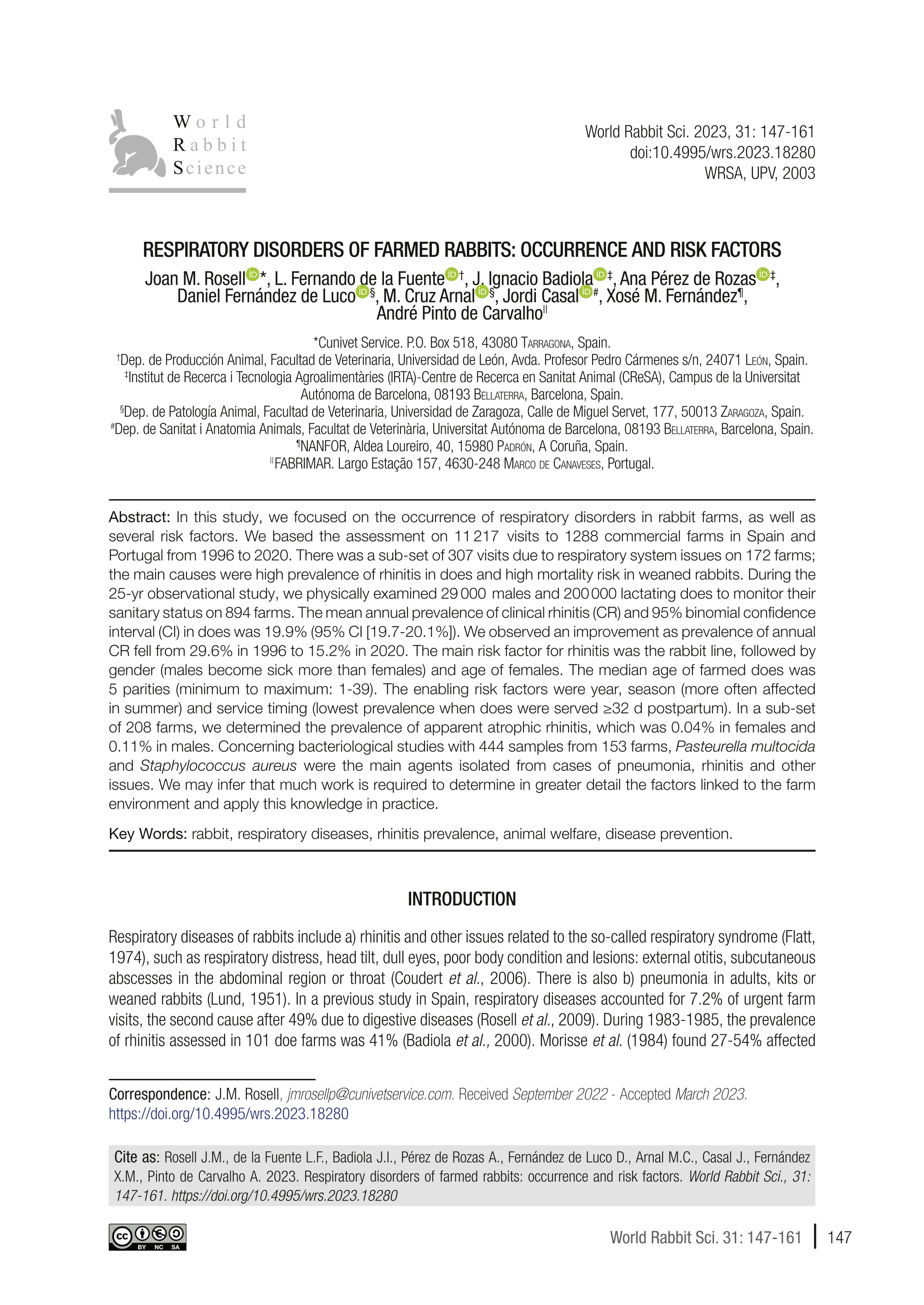 Respiratory disorders of farmed rabbits: occurrence and risk factors