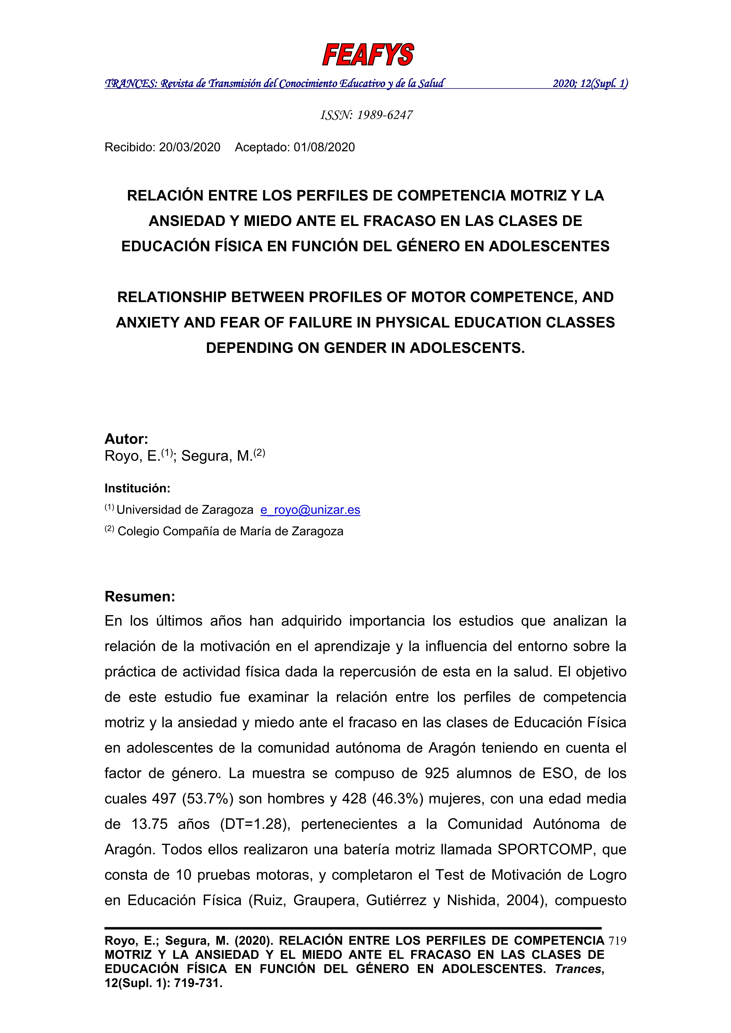 Relación entre los perfiles de competencia motriz y la ansiedad y el miedo ante el fracaso en las clases de Educación Física en función del género en adolescentes