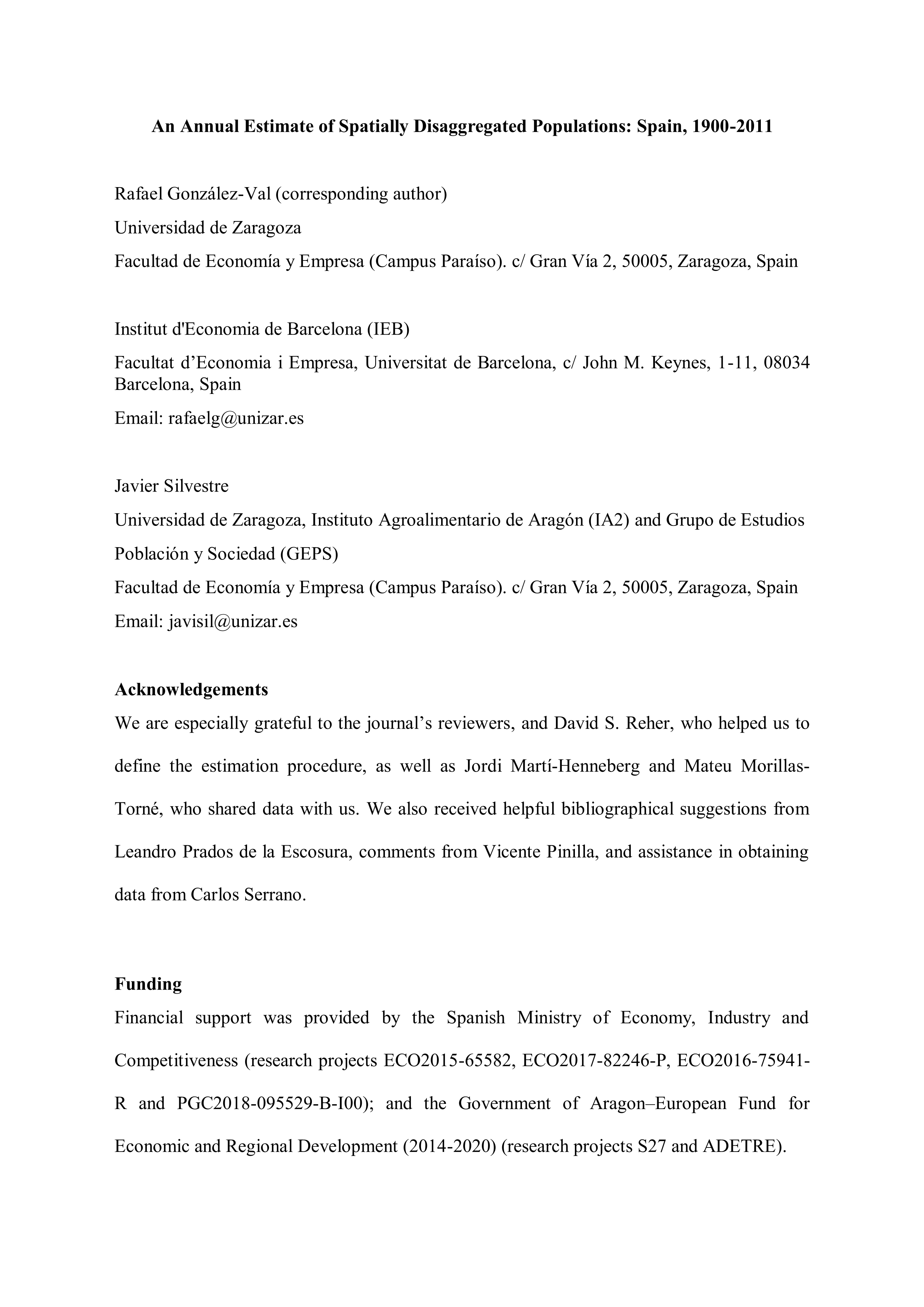 An annual estimate of spatially disaggregated populations: Spain, 1900-2011