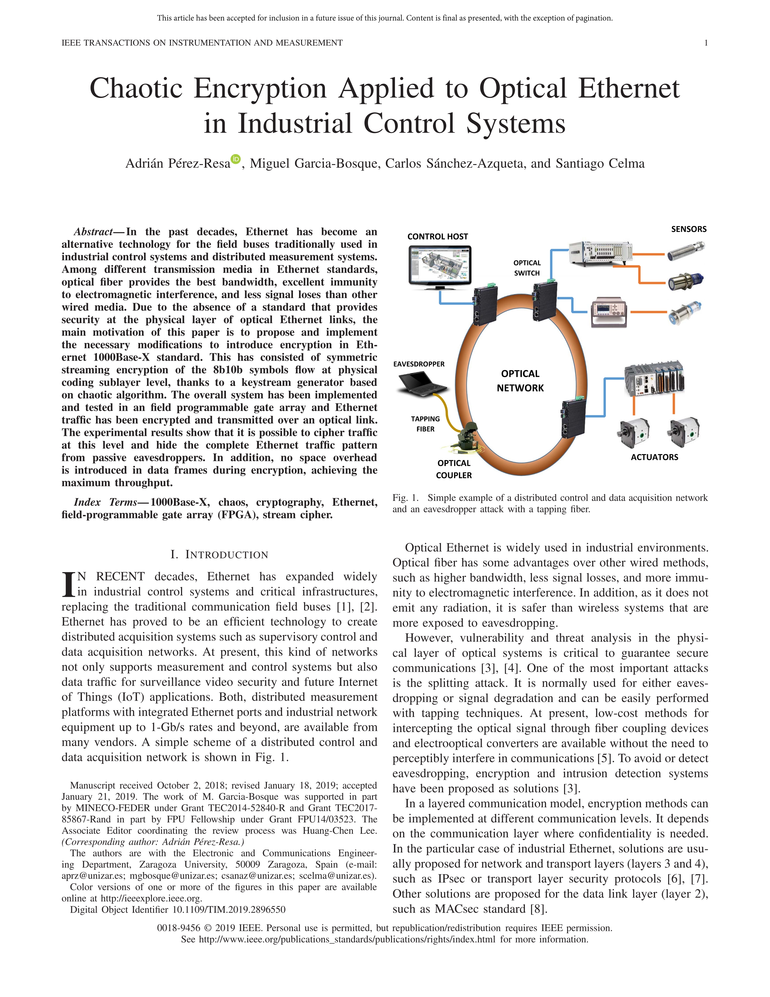 Chaotic Encryption Applied to Optical Ethernet in Industrial Control Systems
