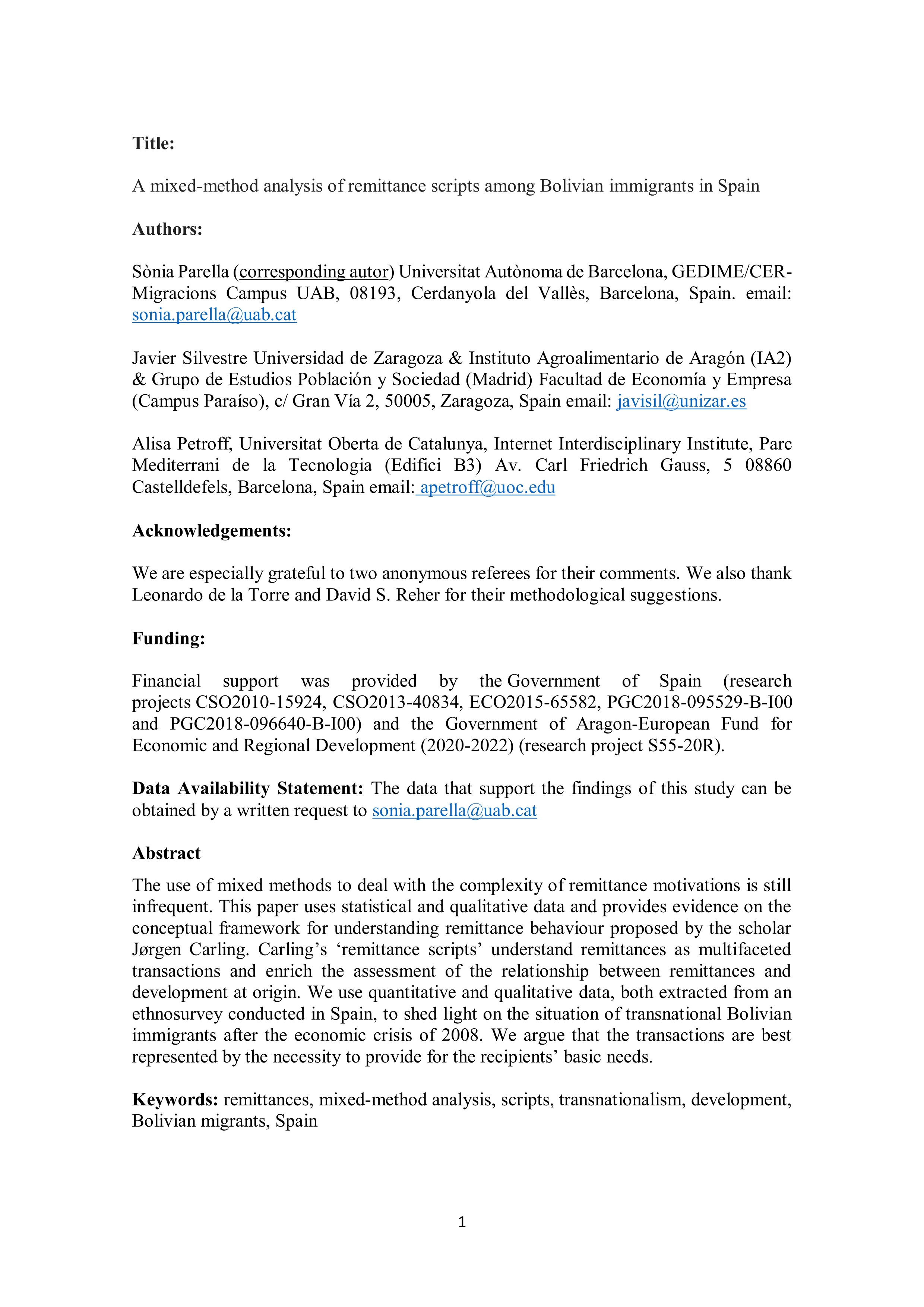 A Mixed-Method Analysis of Remittance Scripts Among Bolivian Immigrants in Spain