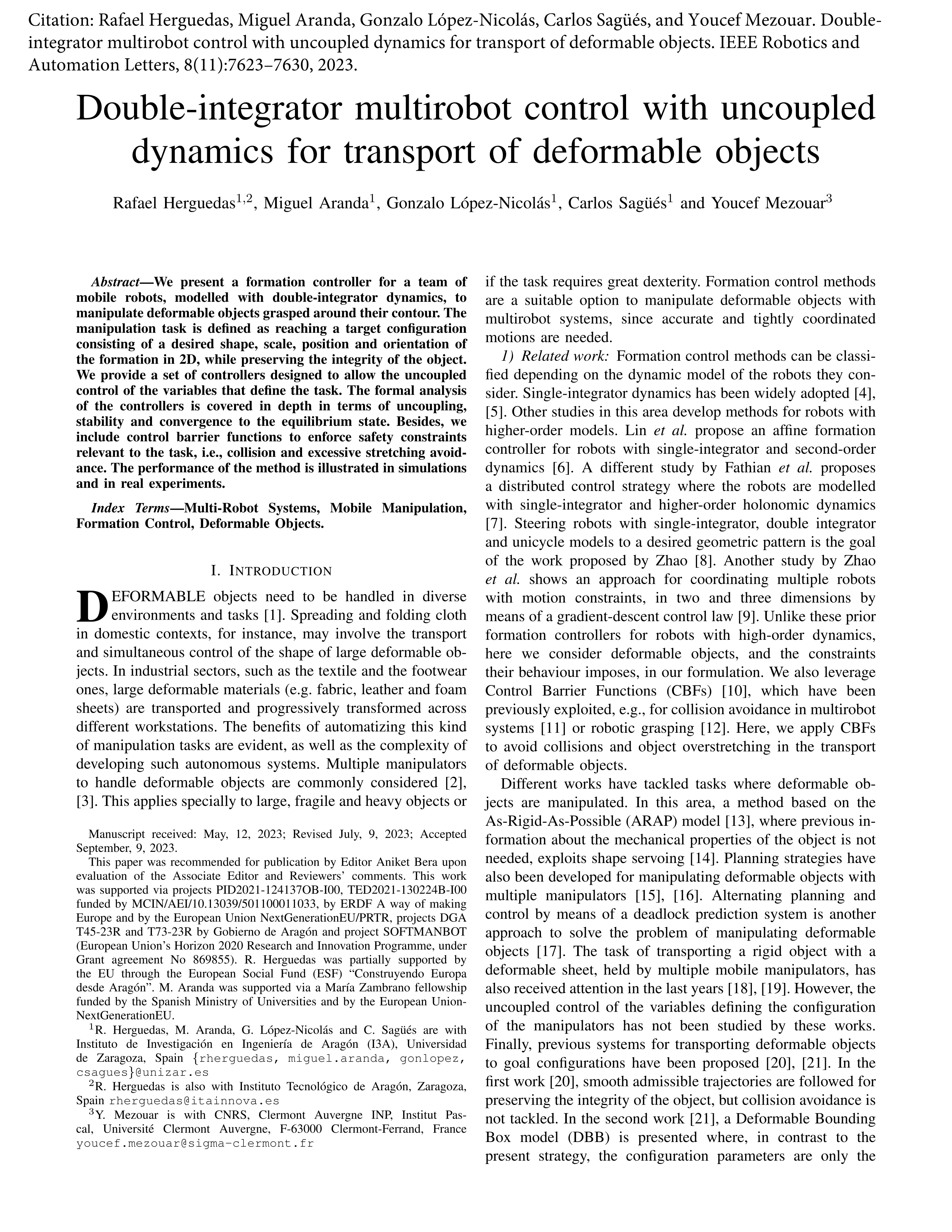 Double-Integrator Multirobot Control With Uncoupled Dynamics for Transport of Deformable Objects