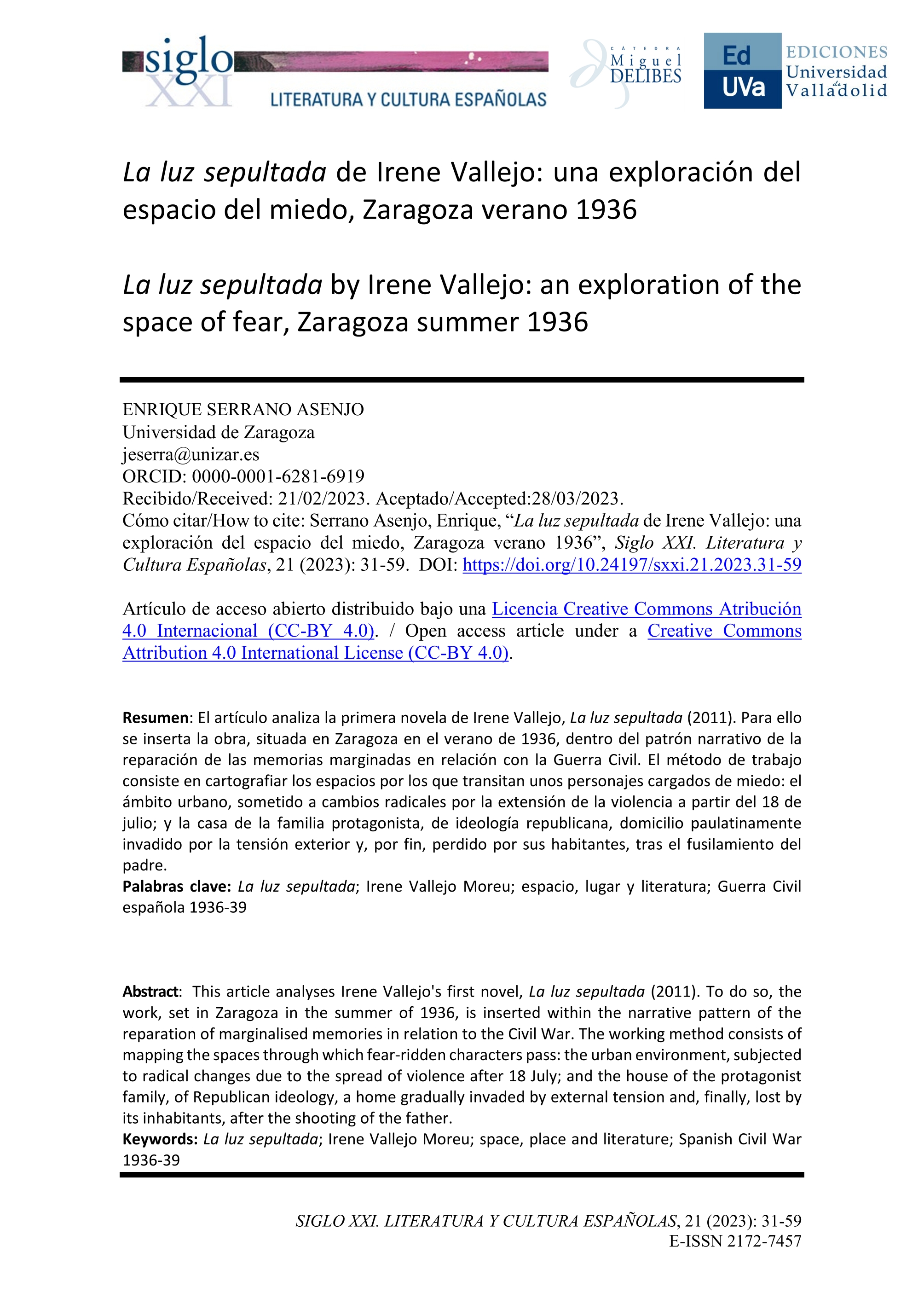 La luz sepultada de Irene Vallejo: una exploración del espacio del miedo, Zaragoza verano 1936