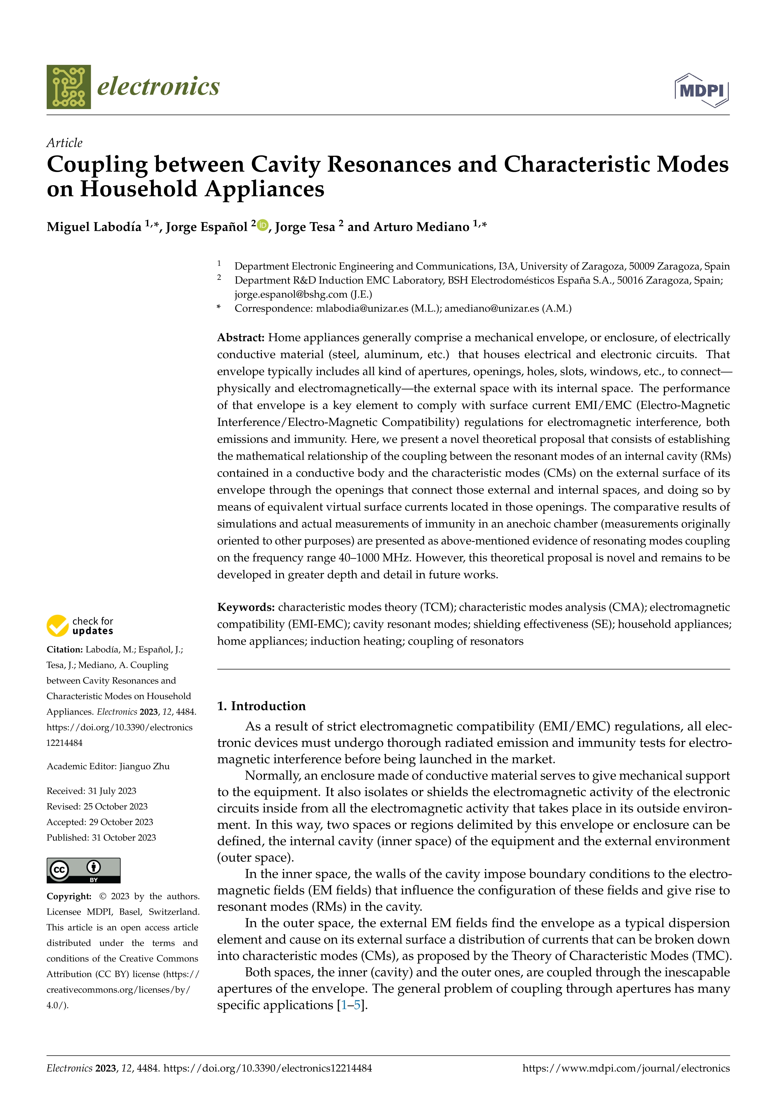 Coupling between cavity resonances and characteristic modes on household appliances