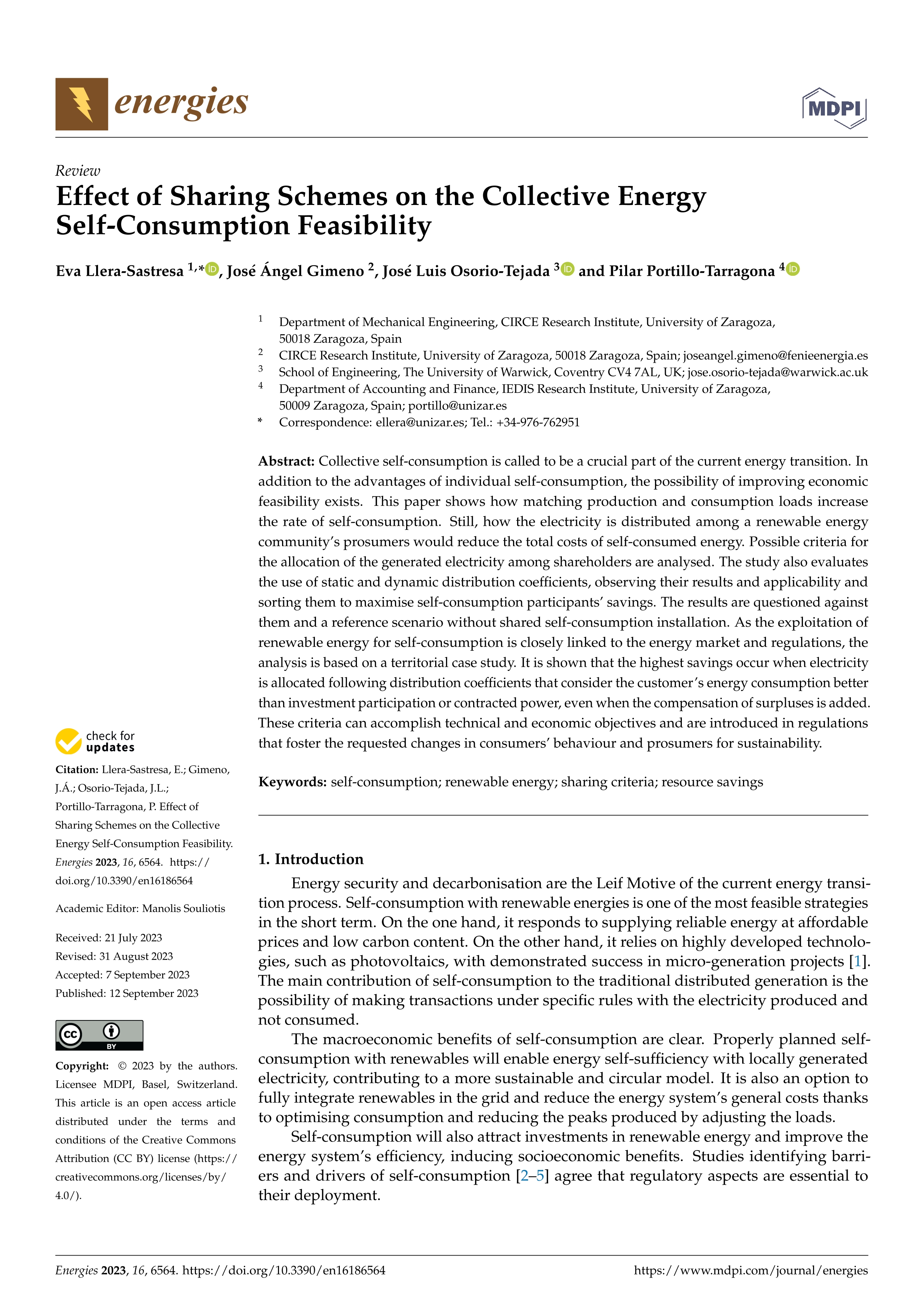 Effect of sharing schemes on the collective energy self-consumption feasibility