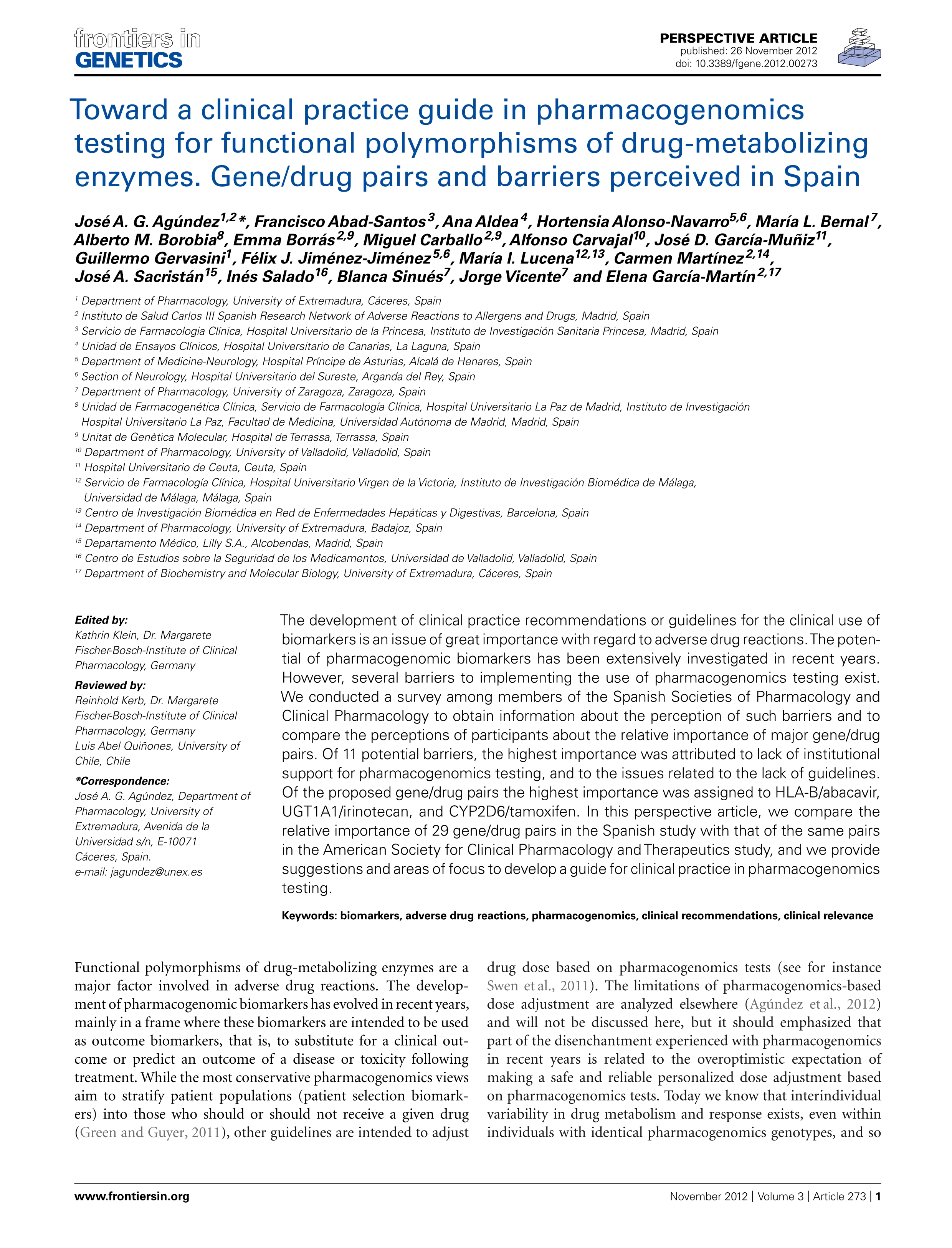 Toward a clinical practice guide in pharmacogenomics testing for functional polymorphisms of drug-metabolizing enzymes. Gene/drug pairs and barriers perceived in Spain