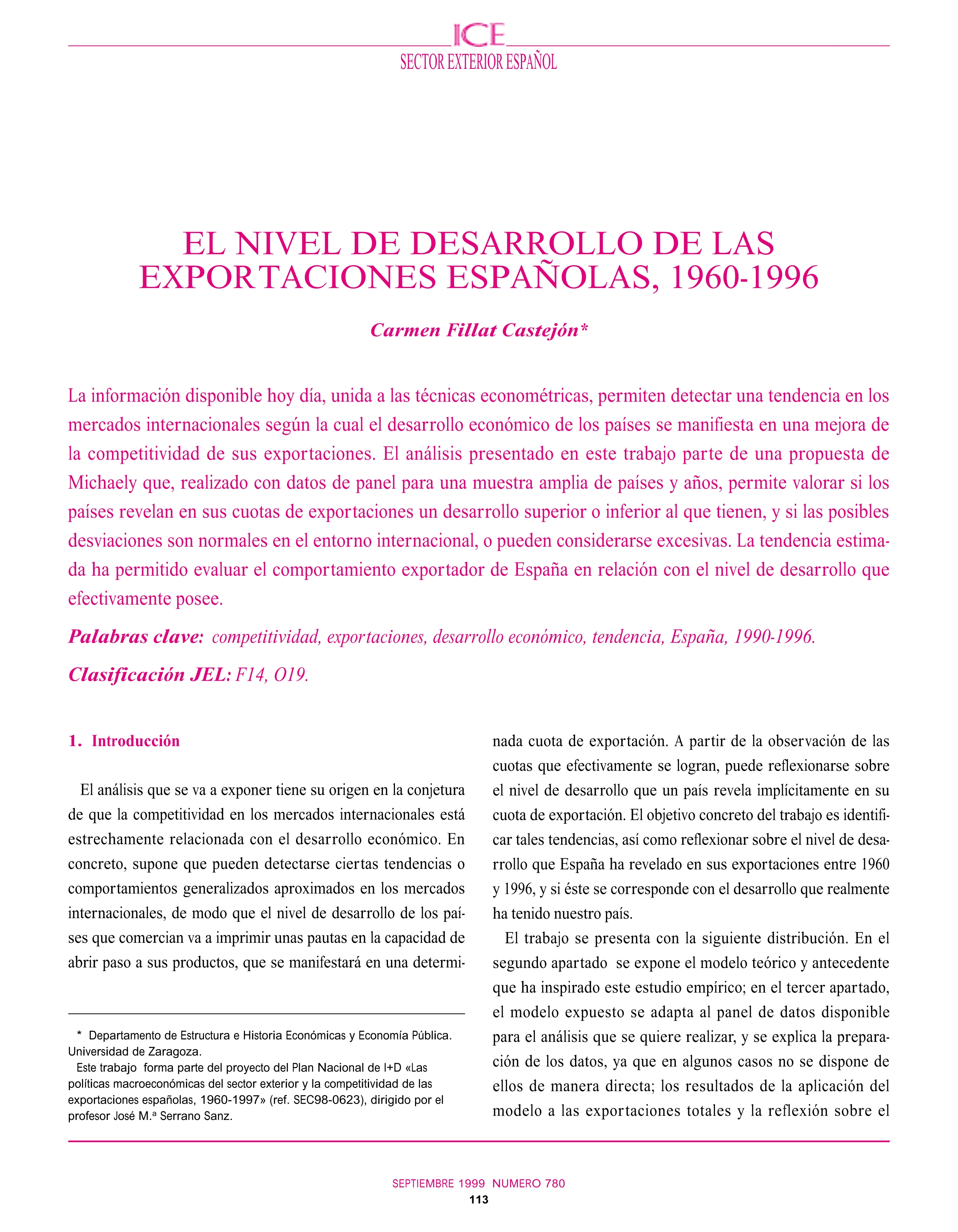 El nivel de desarrollo de las exportaciones españolas, 1960-1996