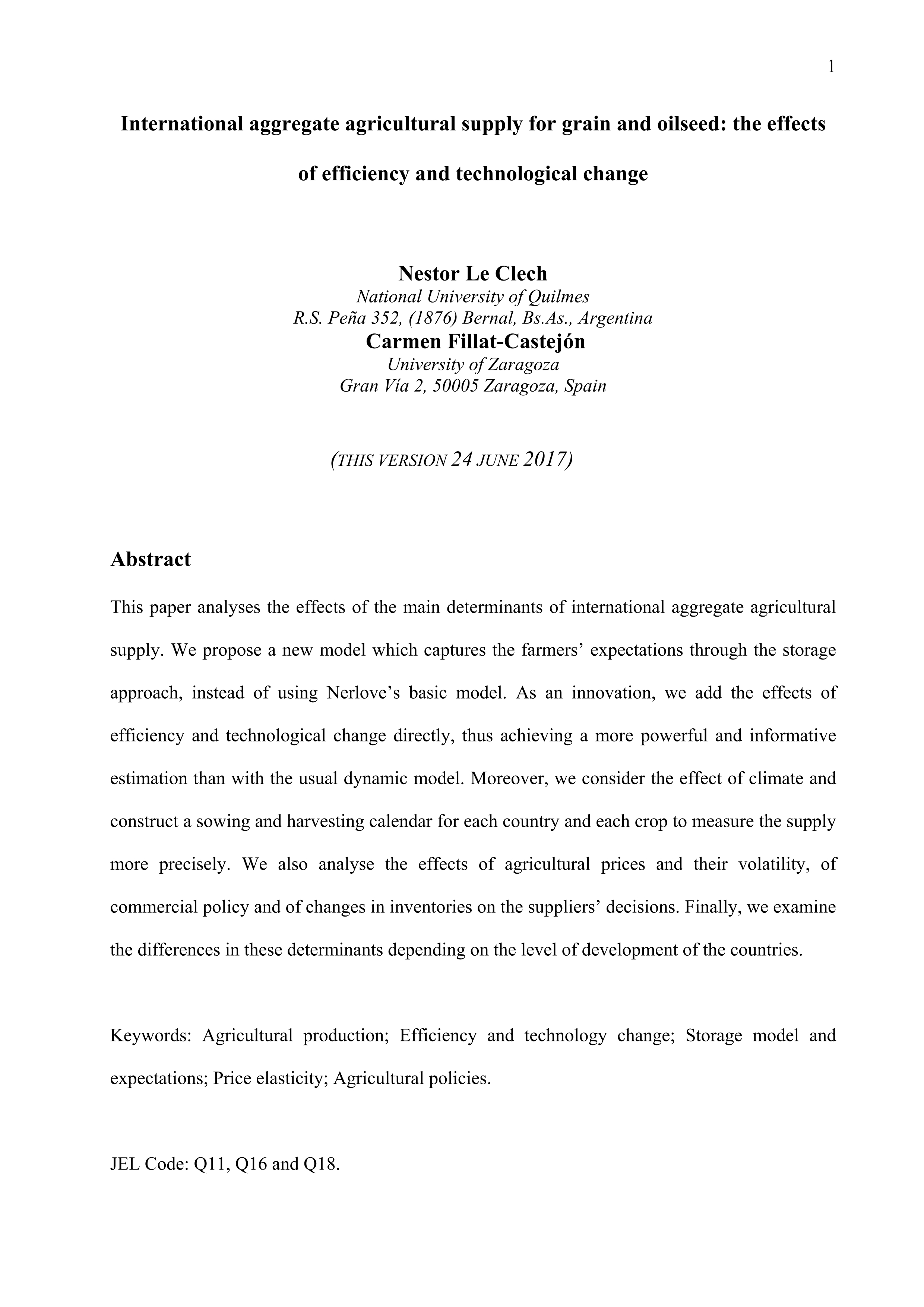 International aggregate agricultural supply for grain and oilseed: The effects of efficiency and technological change