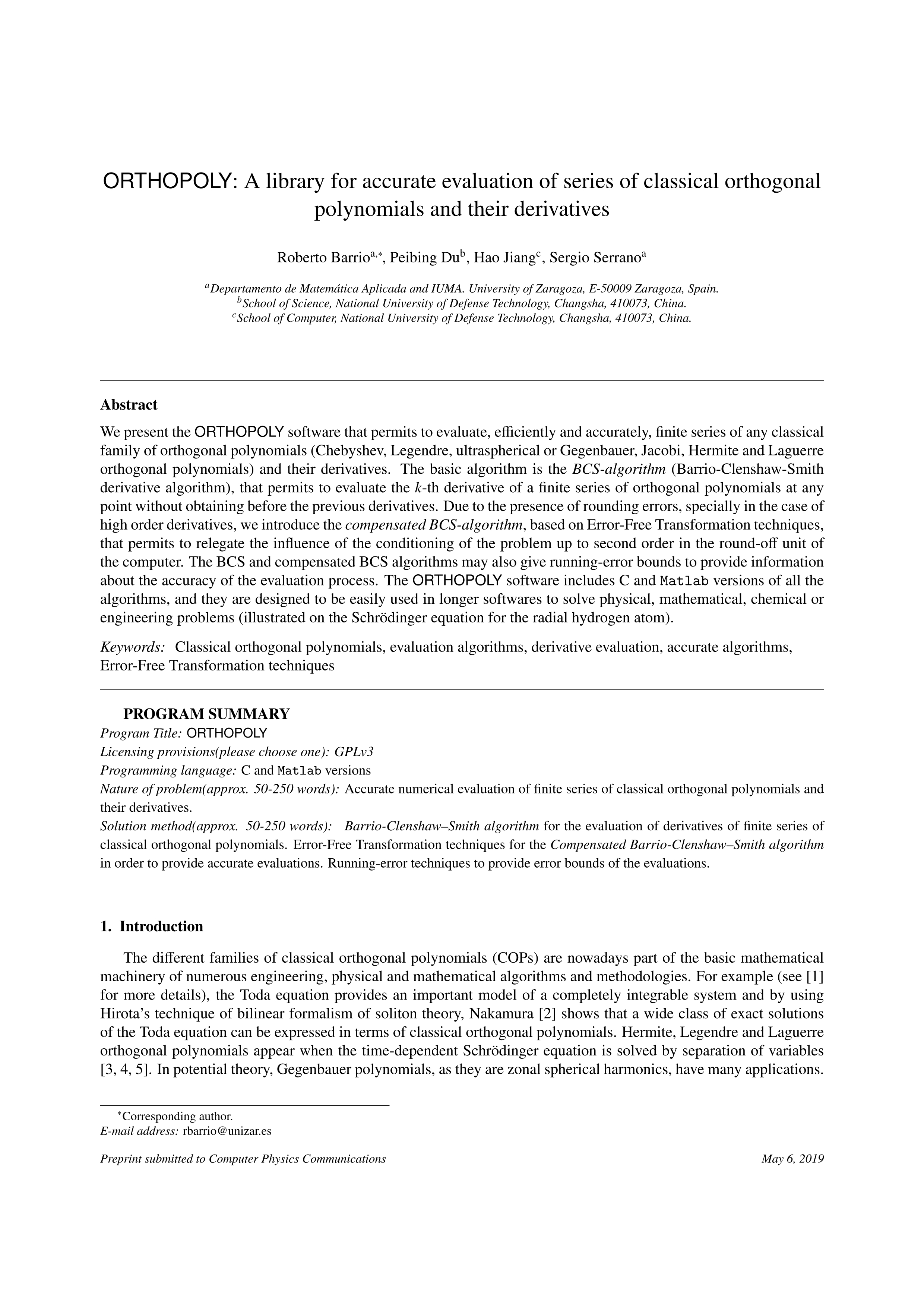 ORTHOPOLY: A library for accurate evaluation of series of classical orthogonal polynomials and their derivatives