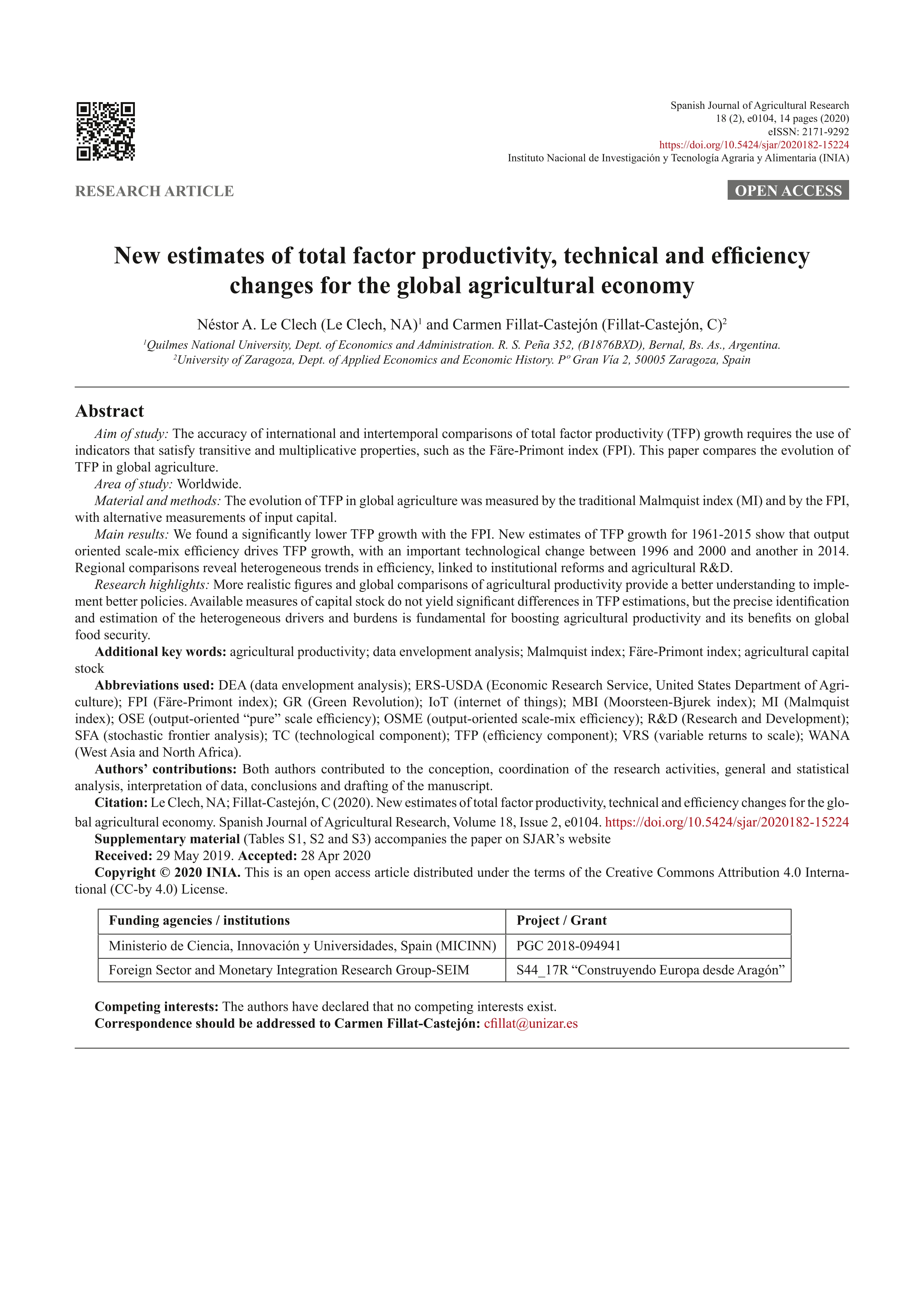 New estimates of total factor productivity, technical and efficiency changes for the global agricultural economy