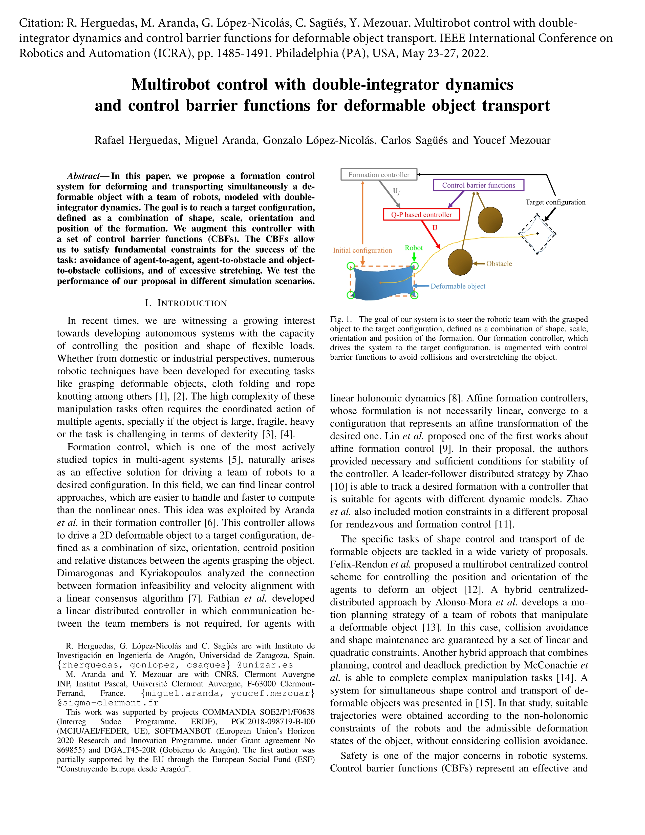 Multirobot control with double-integrator dynamics and control barrier functions for deformable object transport